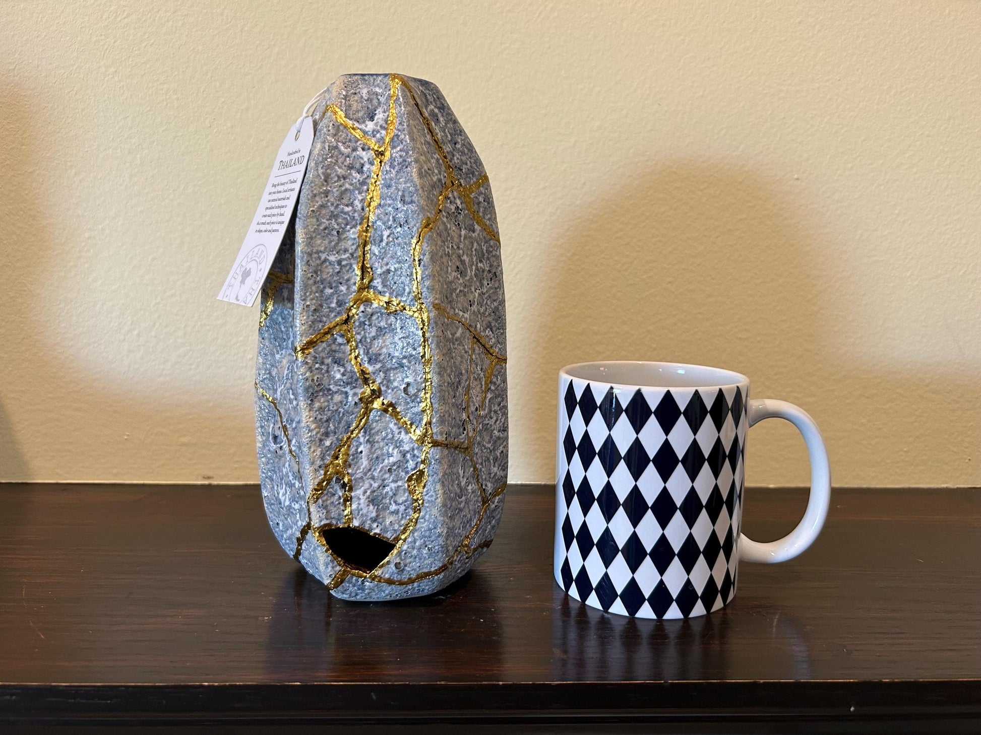 Modern Kintsugi Blue Jackfruit Vase - Botanical - Broken + Repaired Japanese Pottery - Hand Painted Gold - Made in Thailand - (H) 8.75in