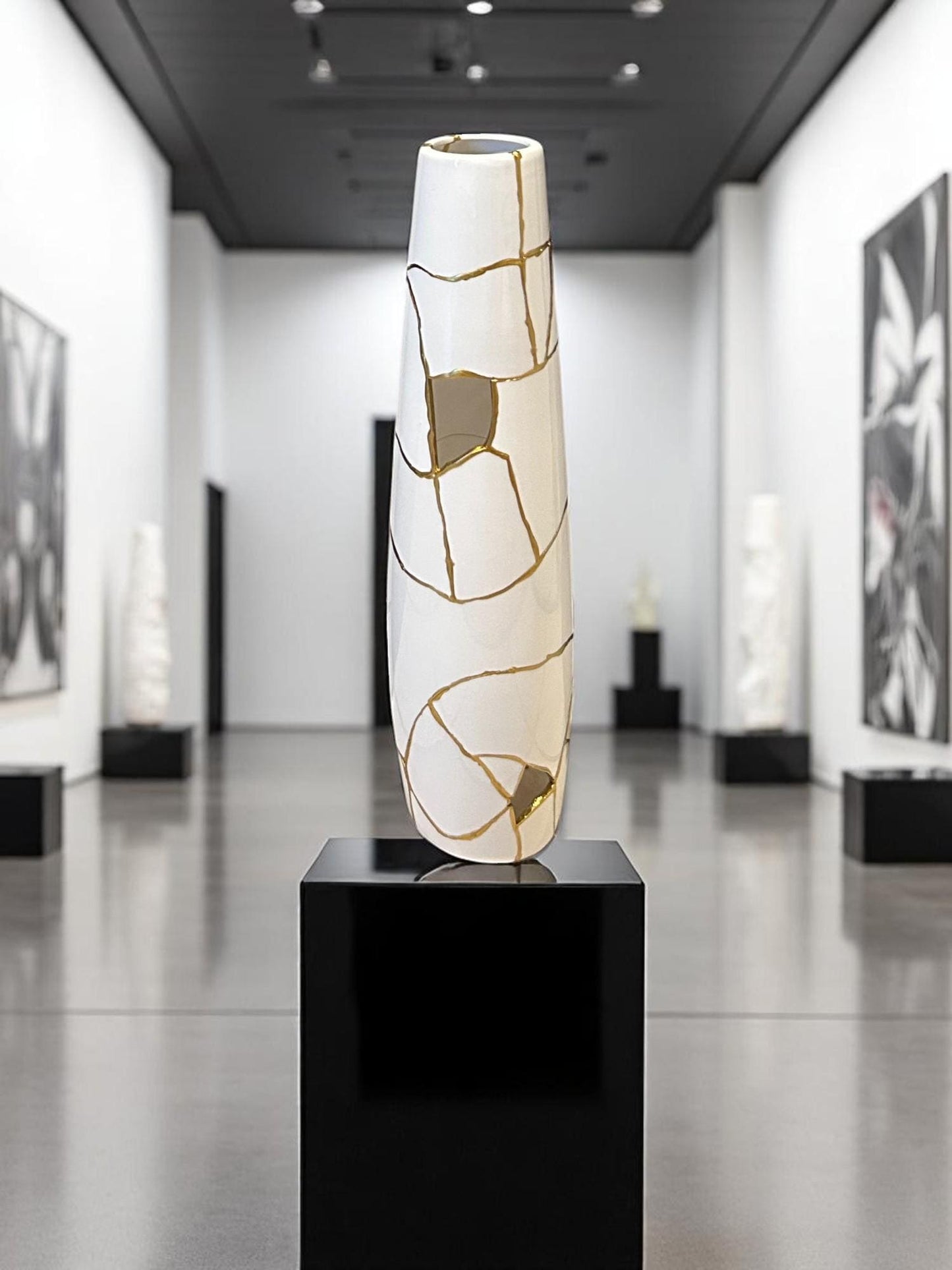 Kintsugi Giraffe Tall Vase - Broken + Repaired Japanese Pottery - Hand Painted Gold - Cylinder/Glossy - Table/Floor - White (H) 18in