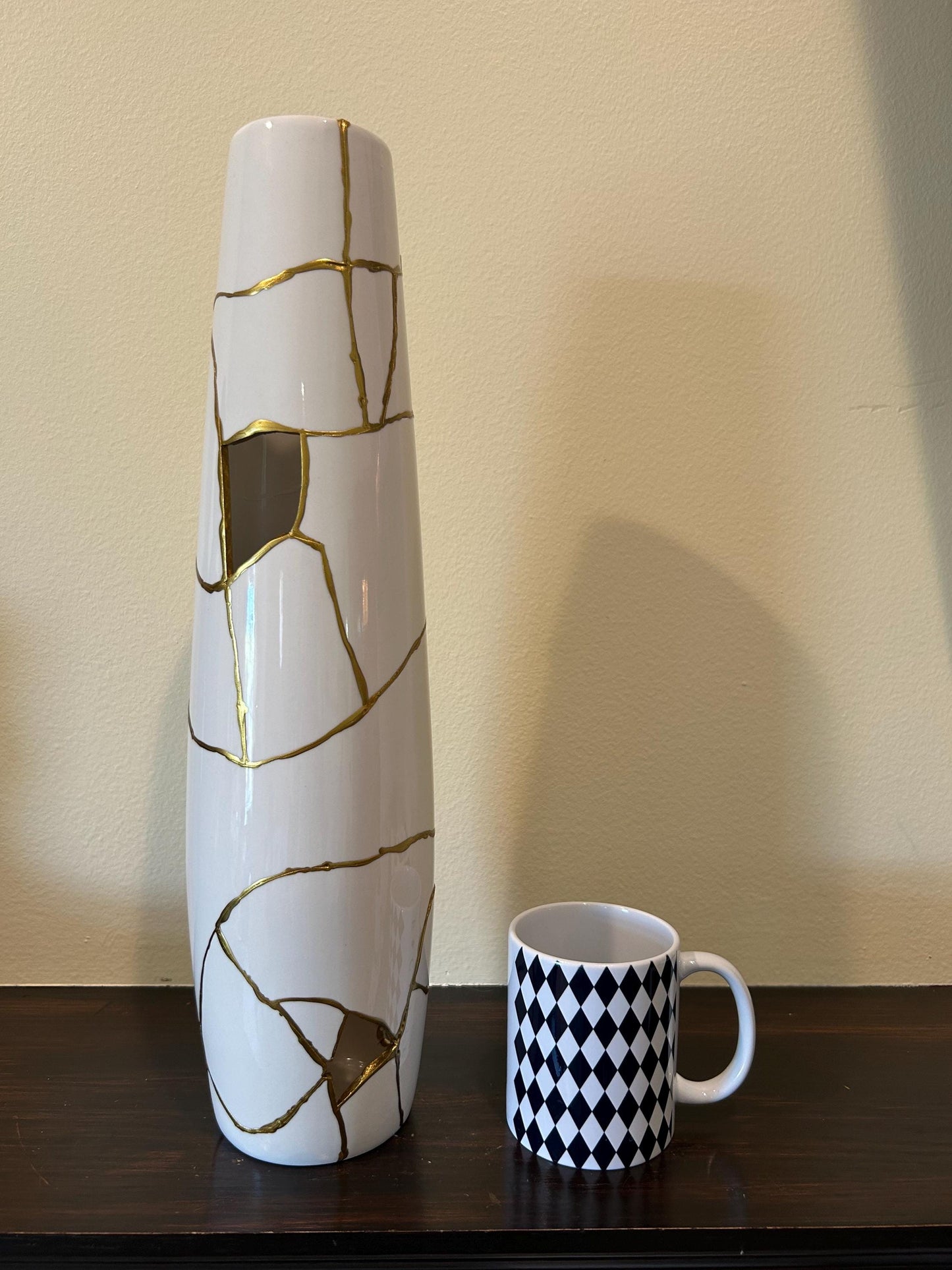 Kintsugi Giraffe Tall Vase - Broken + Repaired Japanese Pottery - Hand Painted Gold - Cylinder/Glossy - Table/Floor - White (H) 18in