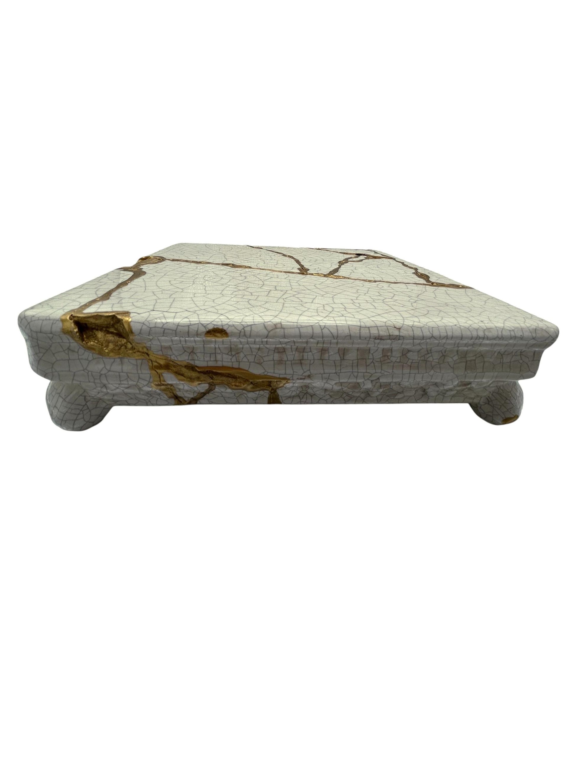 Modern Kintsugi Square Pedestal - Broken + Repaired Japanese Pottery - Hand Painted Gold - Warm White - Cracked Texture (W) 10in (H) 2.5in