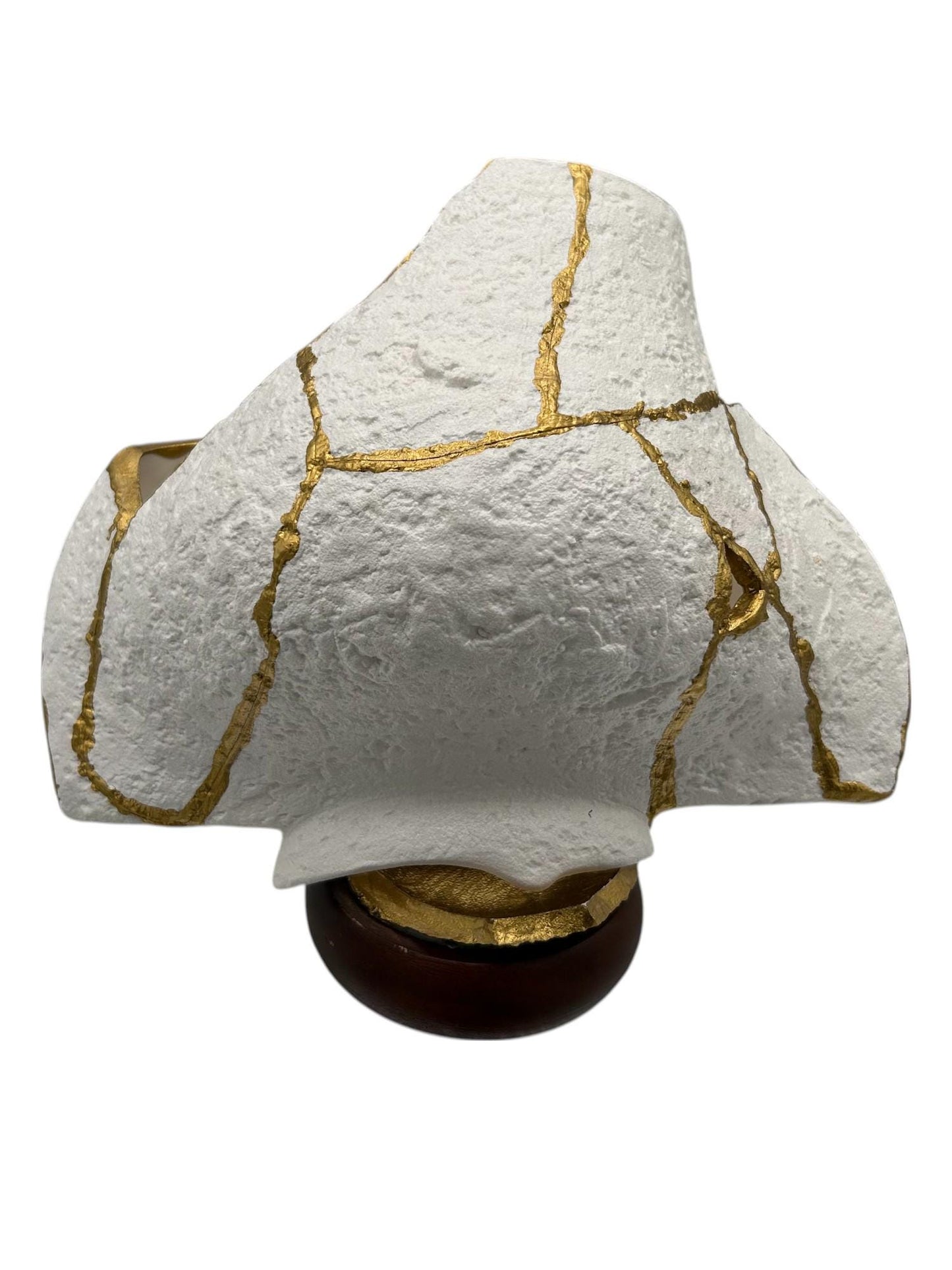 Modern Kintsugi Upside Down Sculpture - Broken + Repaired Japanese Pottery - Hand Painted Gold - Detachable Wood Base - (W) 8in (H) 5.5in