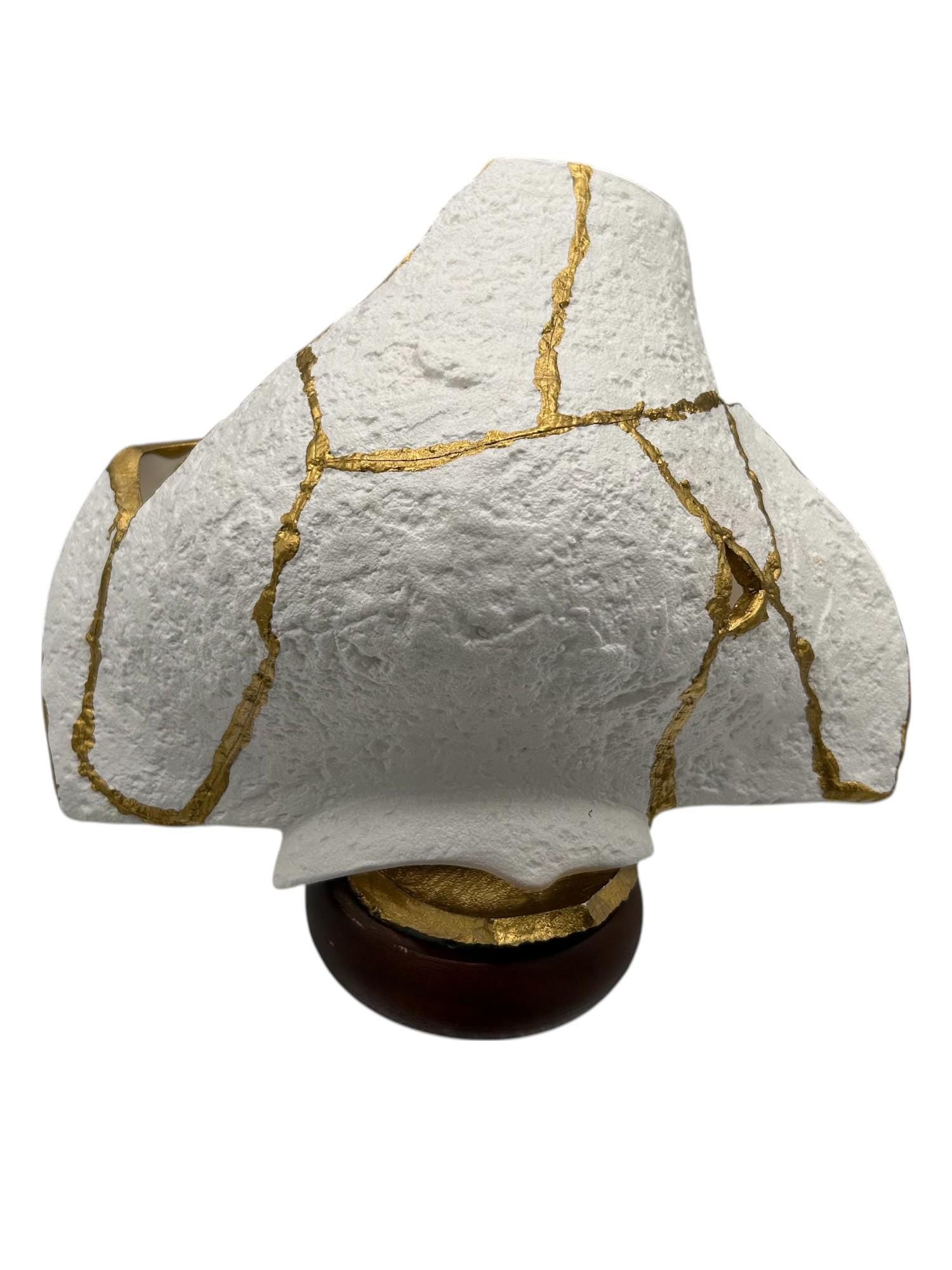 Modern Kintsugi Upside Down Sculpture - Broken + Repaired Japanese Pottery - Hand Painted Gold - Detachable Wood Base - (W) 8in (H) 5.5in