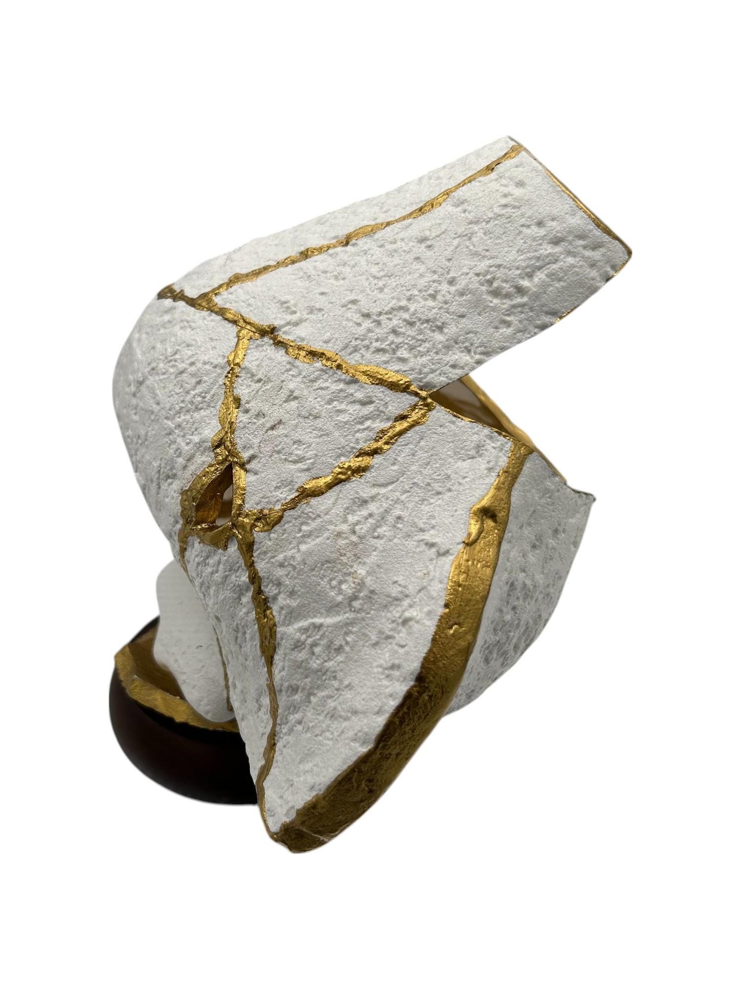 Modern Kintsugi Upside Down Sculpture - Broken + Repaired Japanese Pottery - Hand Painted Gold - Detachable Wood Base - (W) 8in (H) 5.5in