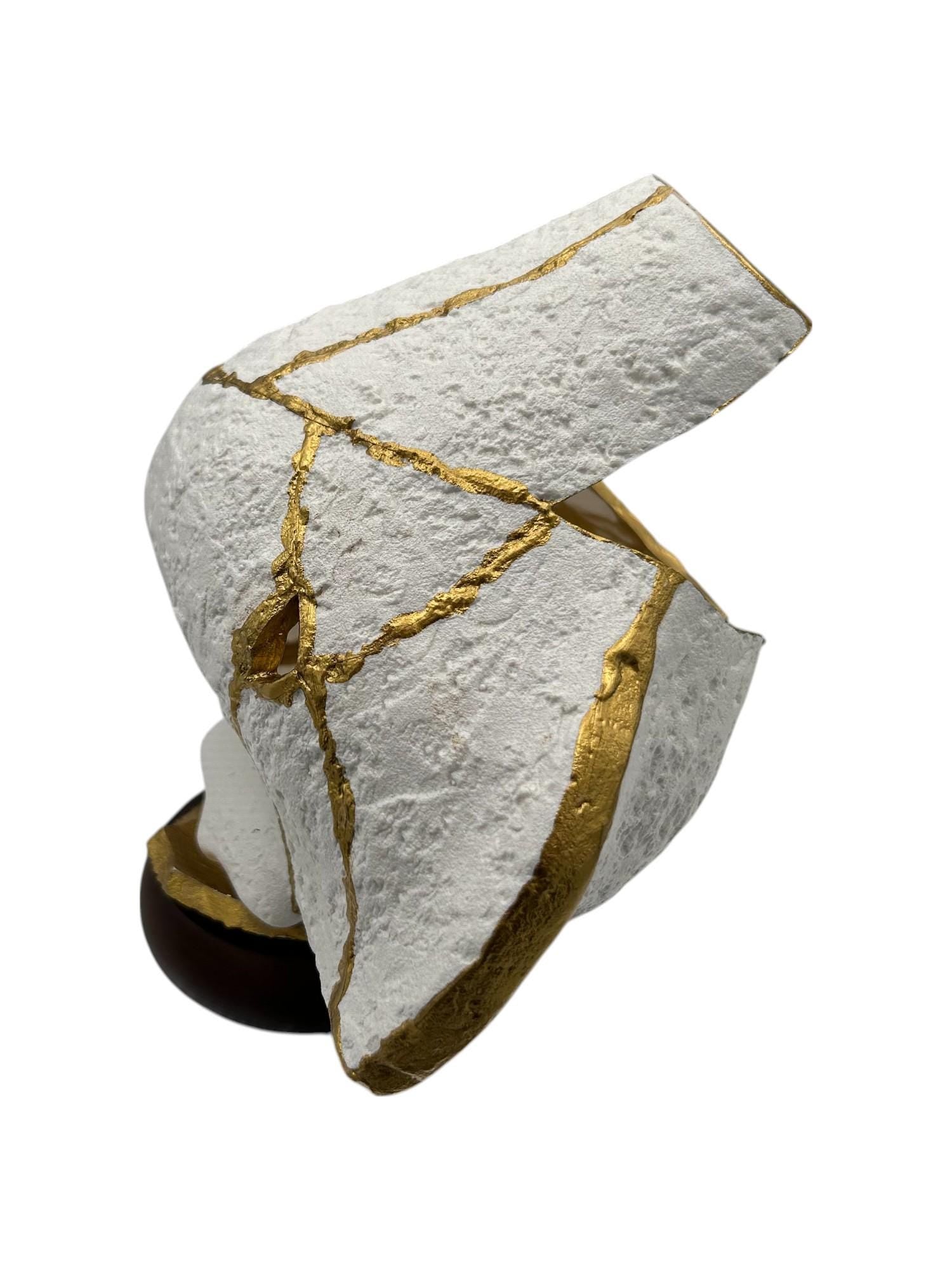Modern Kintsugi Upside Down Sculpture - Broken + Repaired Japanese Pottery - Hand Painted Gold - Detachable Wood Base - (W) 8in (H) 5.5in