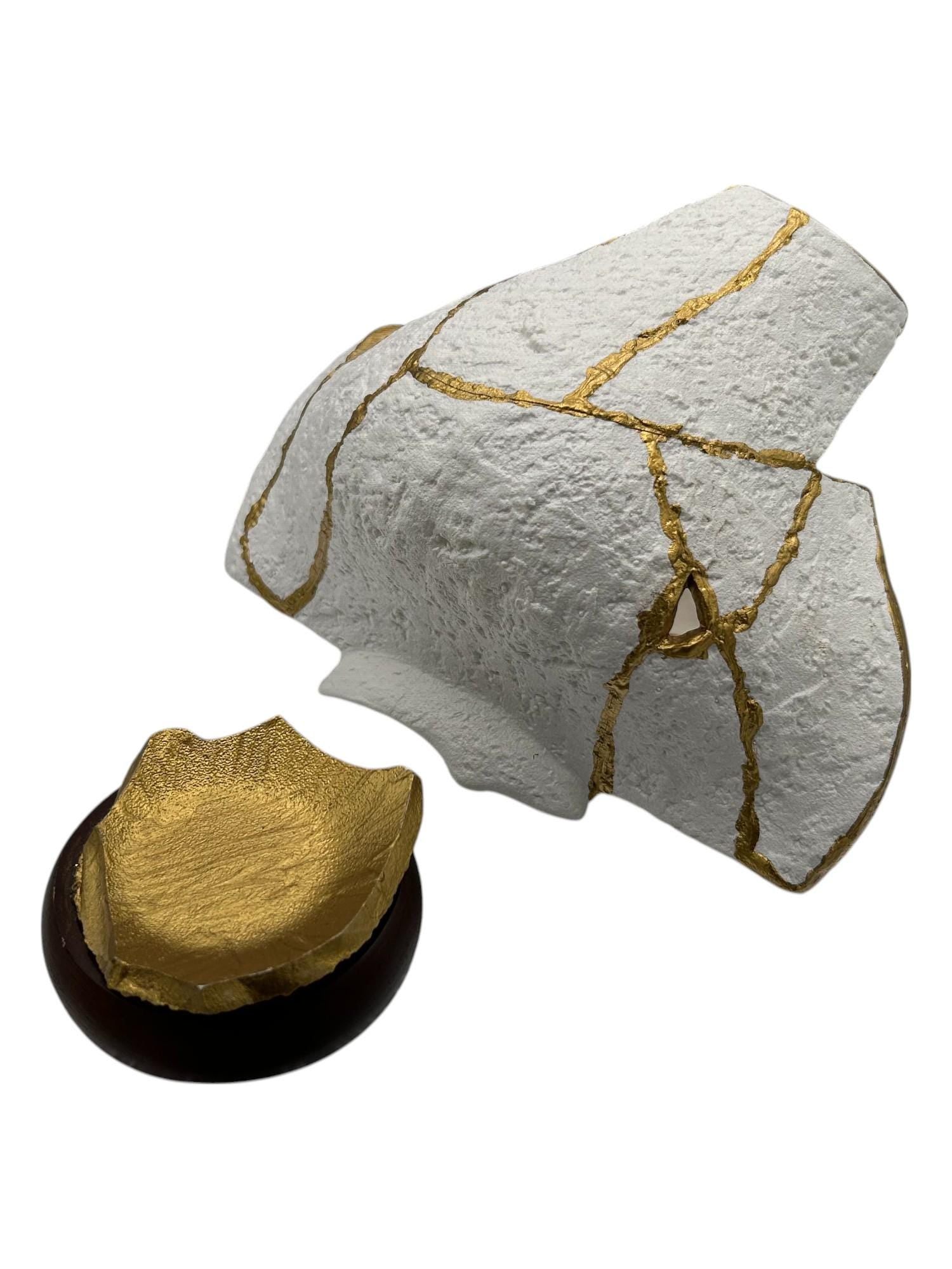 Modern Kintsugi Upside Down Sculpture - Broken + Repaired Japanese Pottery - Hand Painted Gold - Detachable Wood Base - (W) 8in (H) 5.5in