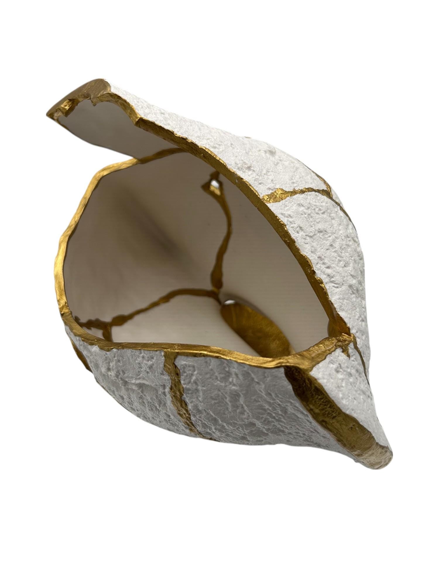 Modern Kintsugi Upside Down Sculpture - Broken + Repaired Japanese Pottery - Hand Painted Gold - Detachable Wood Base - (W) 8in (H) 5.5in