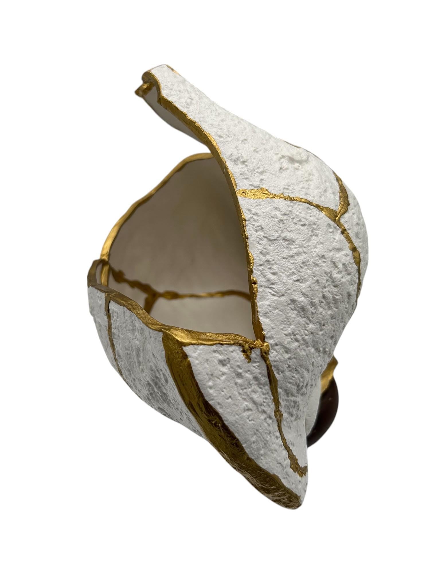 Modern Kintsugi Upside Down Sculpture - Broken + Repaired Japanese Pottery - Hand Painted Gold - Detachable Wood Base - (W) 8in (H) 5.5in
