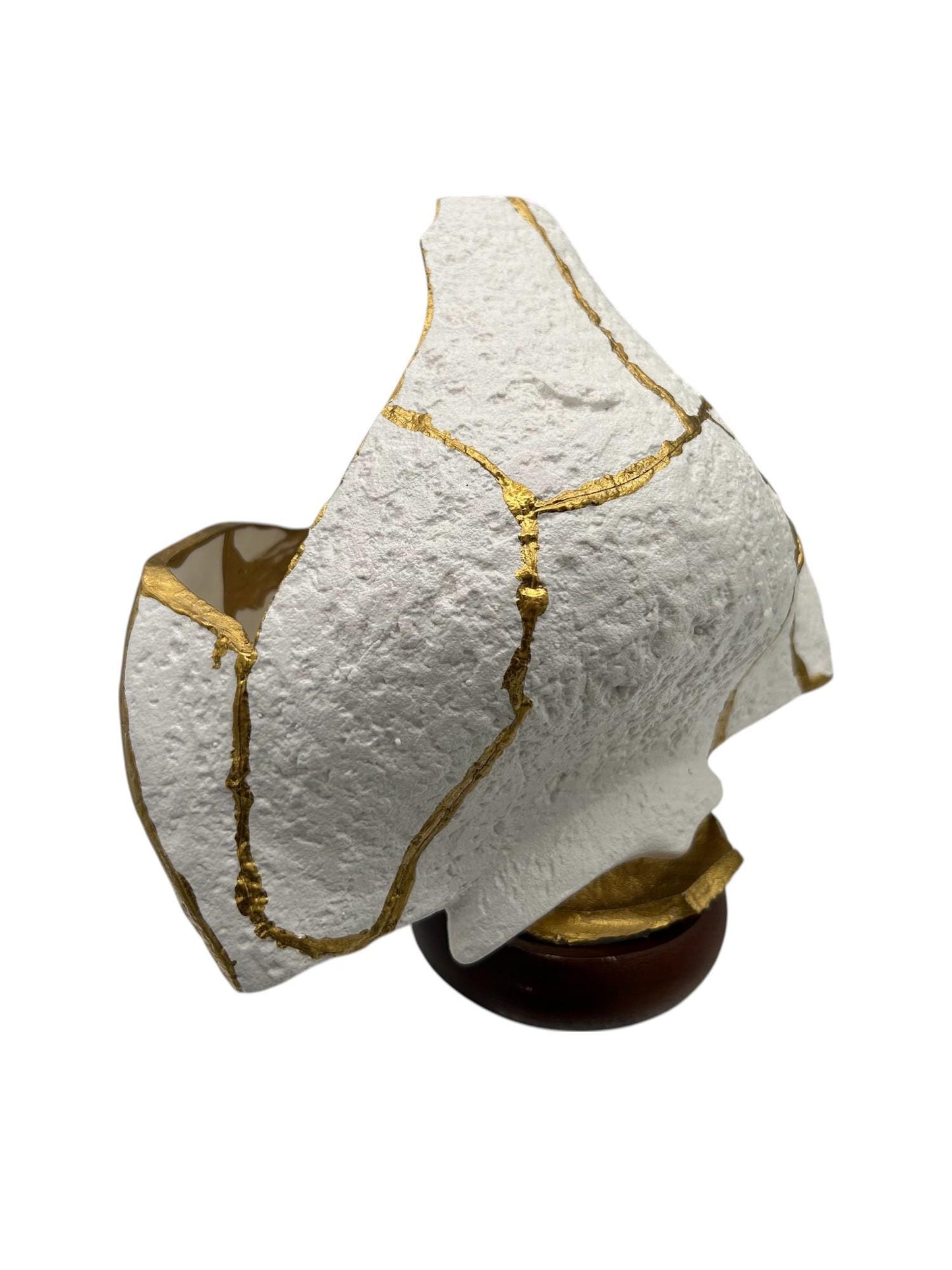 Modern Kintsugi Upside Down Sculpture - Broken + Repaired Japanese Pottery - Hand Painted Gold - Detachable Wood Base - (W) 8in (H) 5.5in