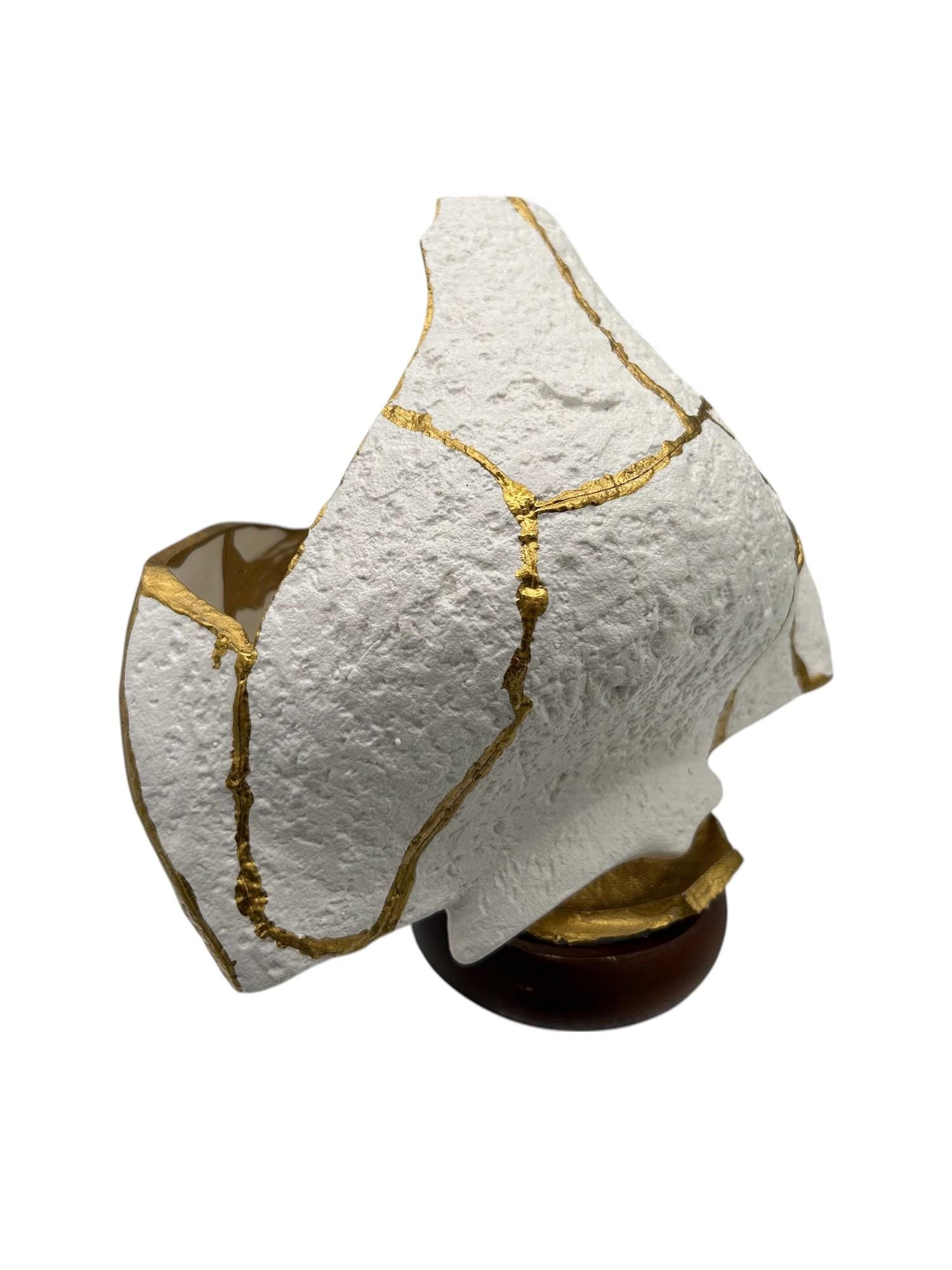 Modern Kintsugi Upside Down Sculpture - Broken + Repaired Japanese Pottery - Hand Painted Gold - Detachable Wood Base - (W) 8in (H) 5.5in