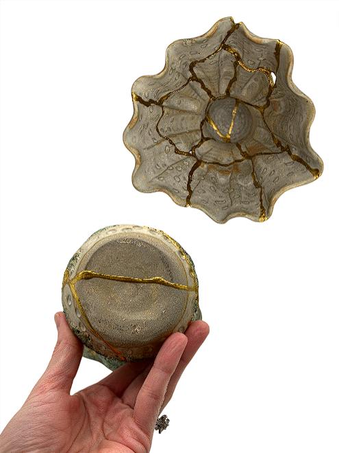 Modern Kintsugi Seafoam Vase - Ocean/Sea - Broken + Repaired Japanese Pottery - Hand Painted Gold - Made in Thailand - Green (H) 6.25in