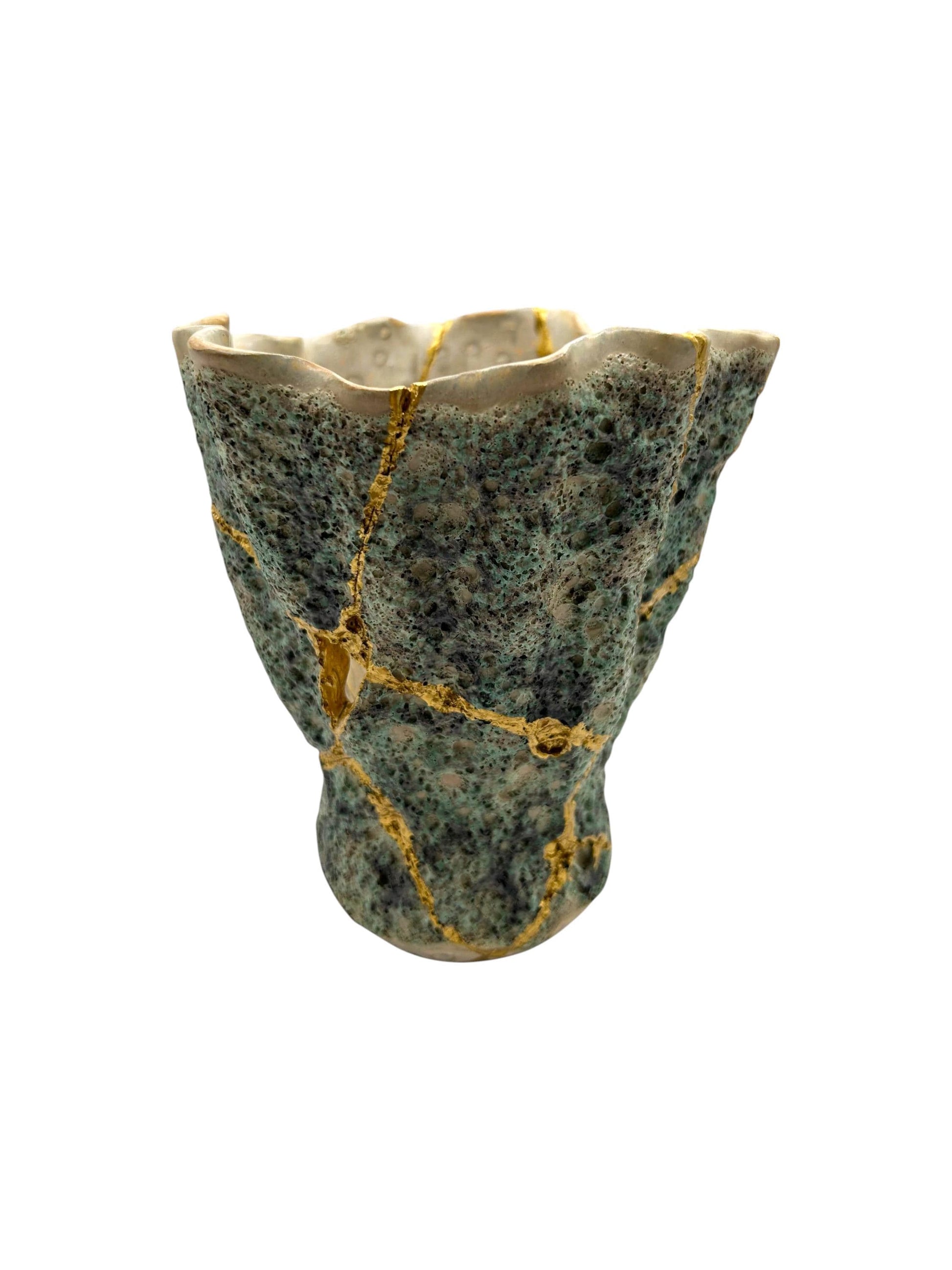 Modern Kintsugi Seafoam Vase - Ocean/Sea - Broken + Repaired Japanese Pottery - Hand Painted Gold - Made in Thailand - Green (H) 6.25in