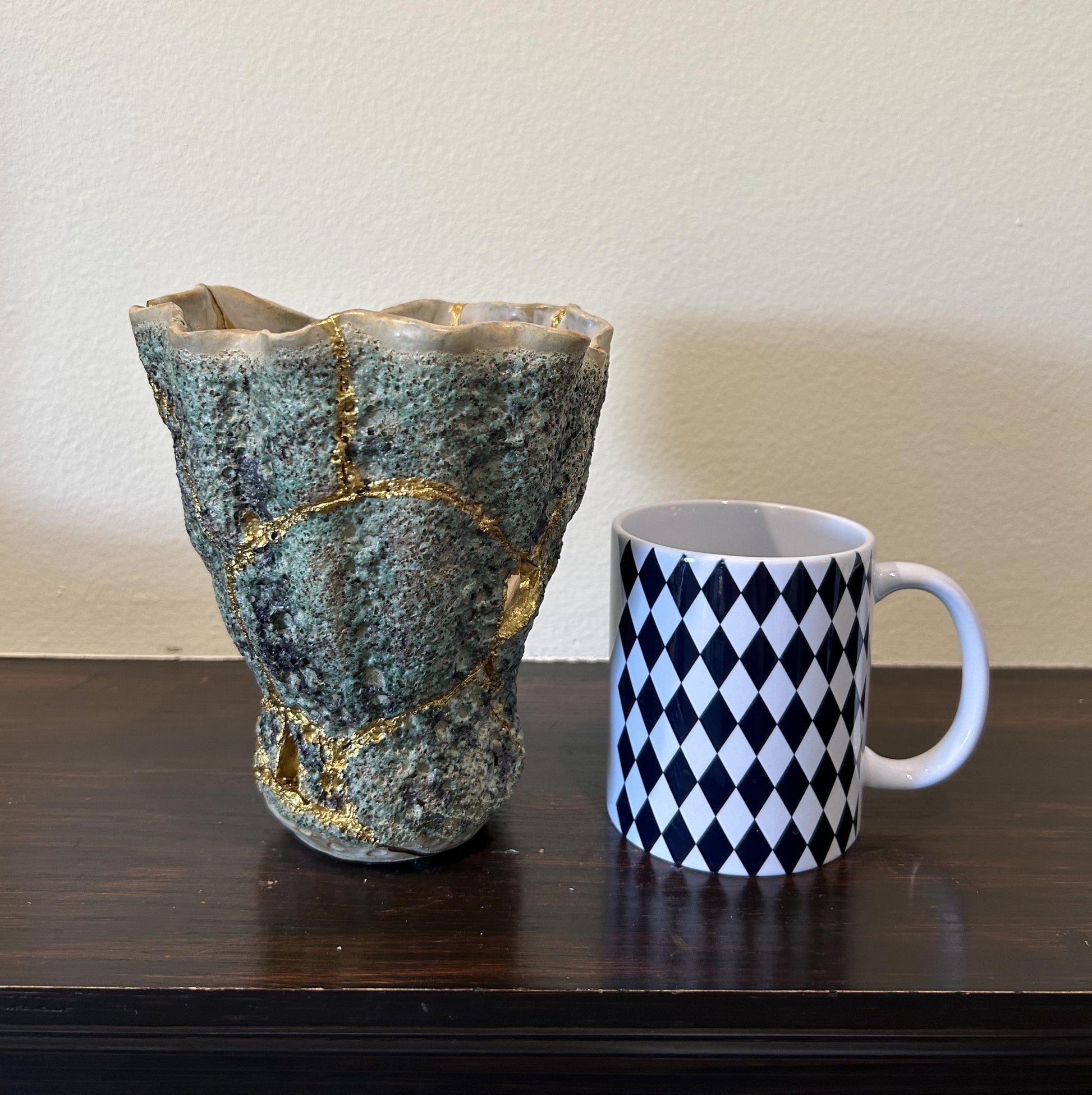 Modern Kintsugi Seafoam Vase - Ocean/Sea - Broken + Repaired Japanese Pottery - Hand Painted Gold - Made in Thailand - Green (H) 6.25in