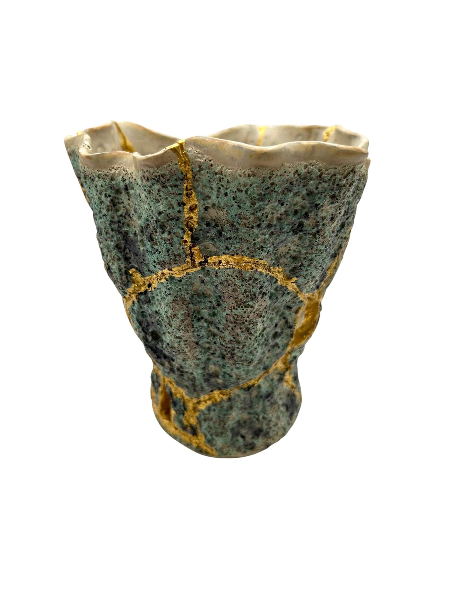 Modern Kintsugi Seafoam Vase - Ocean/Sea - Broken + Repaired Japanese Pottery - Hand Painted Gold - Made in Thailand - Green (H) 6.25in