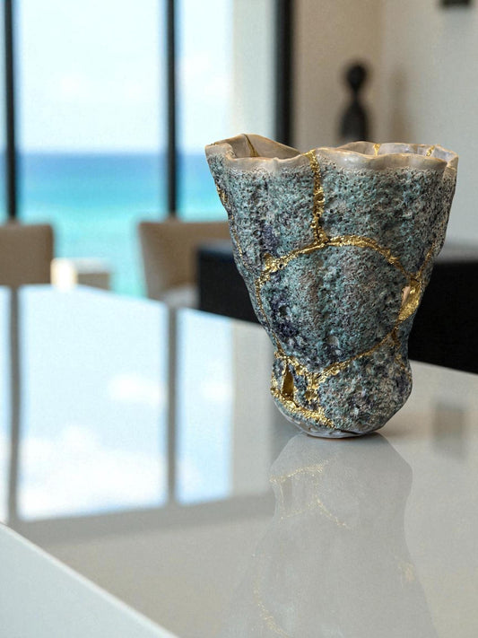 Modern Kintsugi Seafoam Vase - Ocean/Sea - Broken + Repaired Japanese Pottery - Hand Painted Gold - Made in Thailand - Green (H) 6.25in