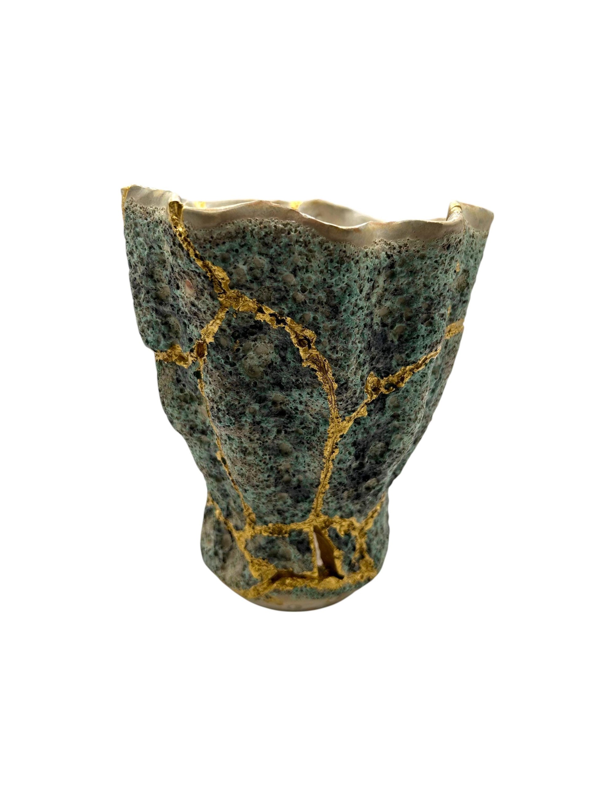 Modern Kintsugi Seafoam Vase - Ocean/Sea - Broken + Repaired Japanese Pottery - Hand Painted Gold - Made in Thailand - Green (H) 6.25in