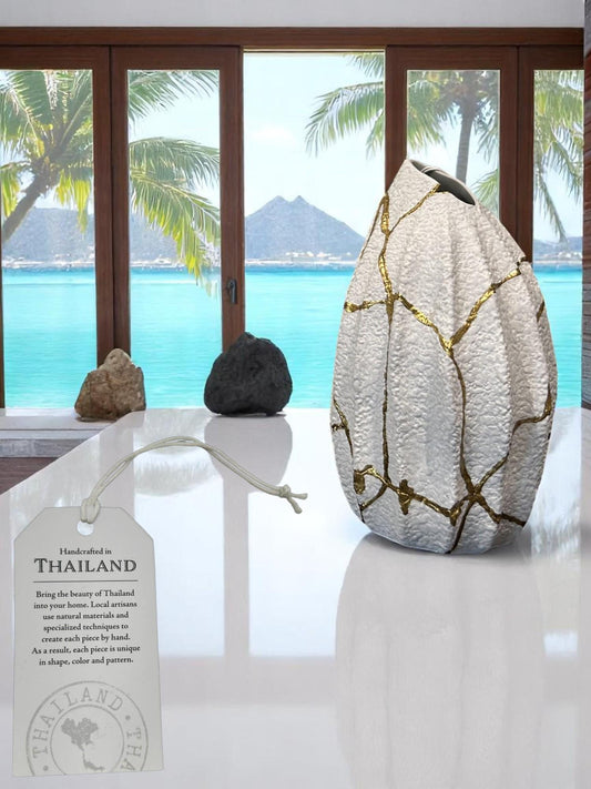 Modern Kintsugi Jackfruit Vase - Broken + Repaired Japanese Pottery - Hand Painted Gold - Made in Thailand No.2 - (W) 4.25in (H) 8.25in