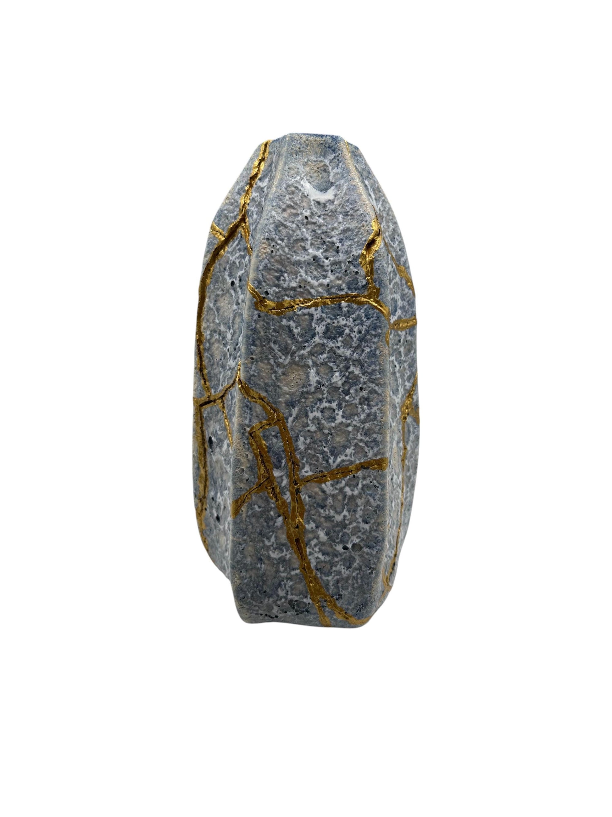 Modern Kintsugi Blue Jackfruit Vase - Botanical - Broken + Repaired Japanese Pottery - Hand Painted Gold - Made in Thailand - (H) 8.75in