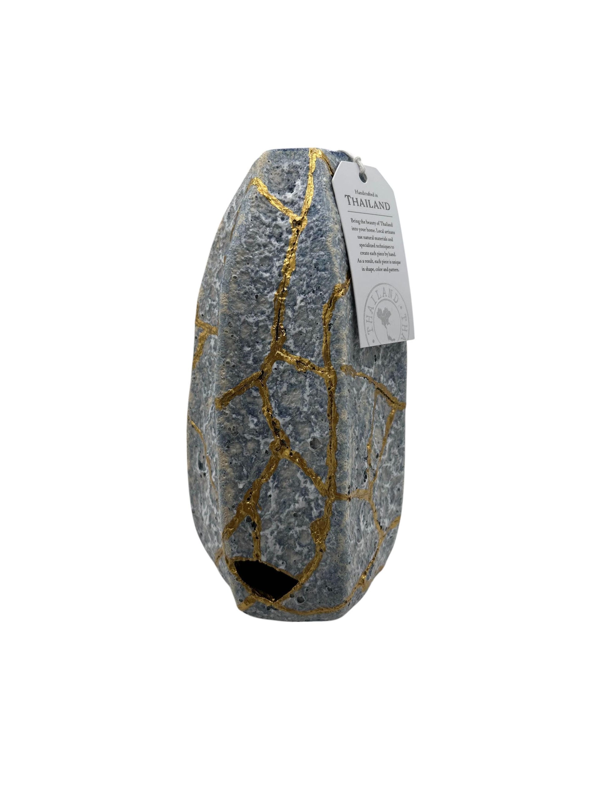 Modern Kintsugi Blue Jackfruit Vase - Botanical - Broken + Repaired Japanese Pottery - Hand Painted Gold - Made in Thailand - (H) 8.75in