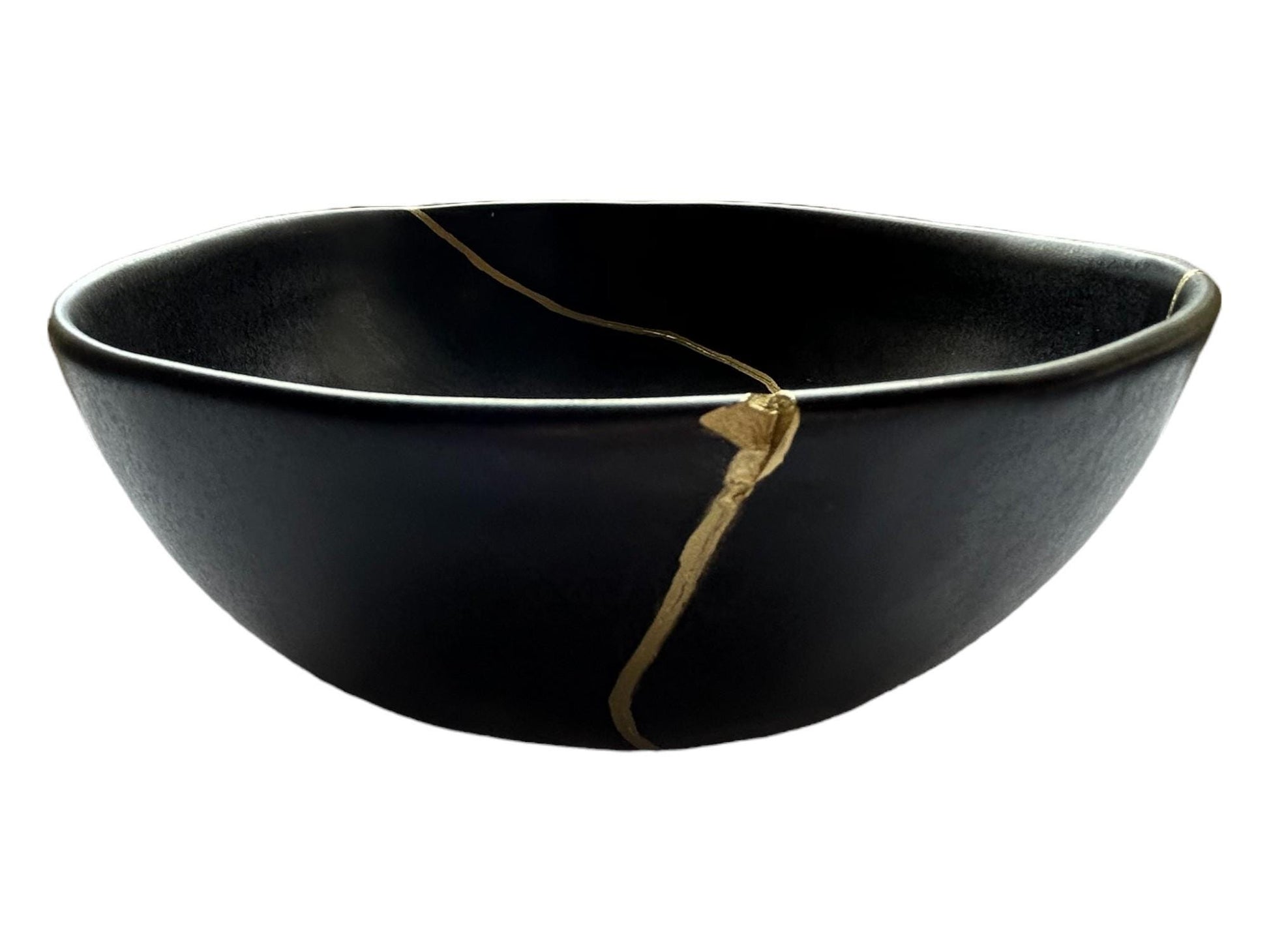 Modern Kintsugi Black Egg Bowl - Broken + Repaired Japanese Pottery Art - Hand Painted Gold - Ceramic - Minimalist - Japandi (D) 10.5in