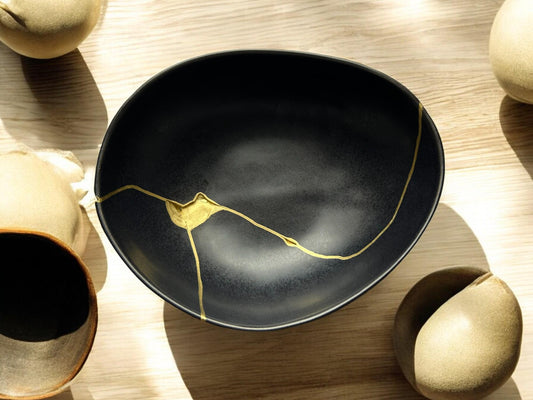 Modern Kintsugi Black Egg Bowl - Broken + Repaired Japanese Pottery Art - Hand Painted Gold - Ceramic - Minimalist - Japandi (D) 10.5in