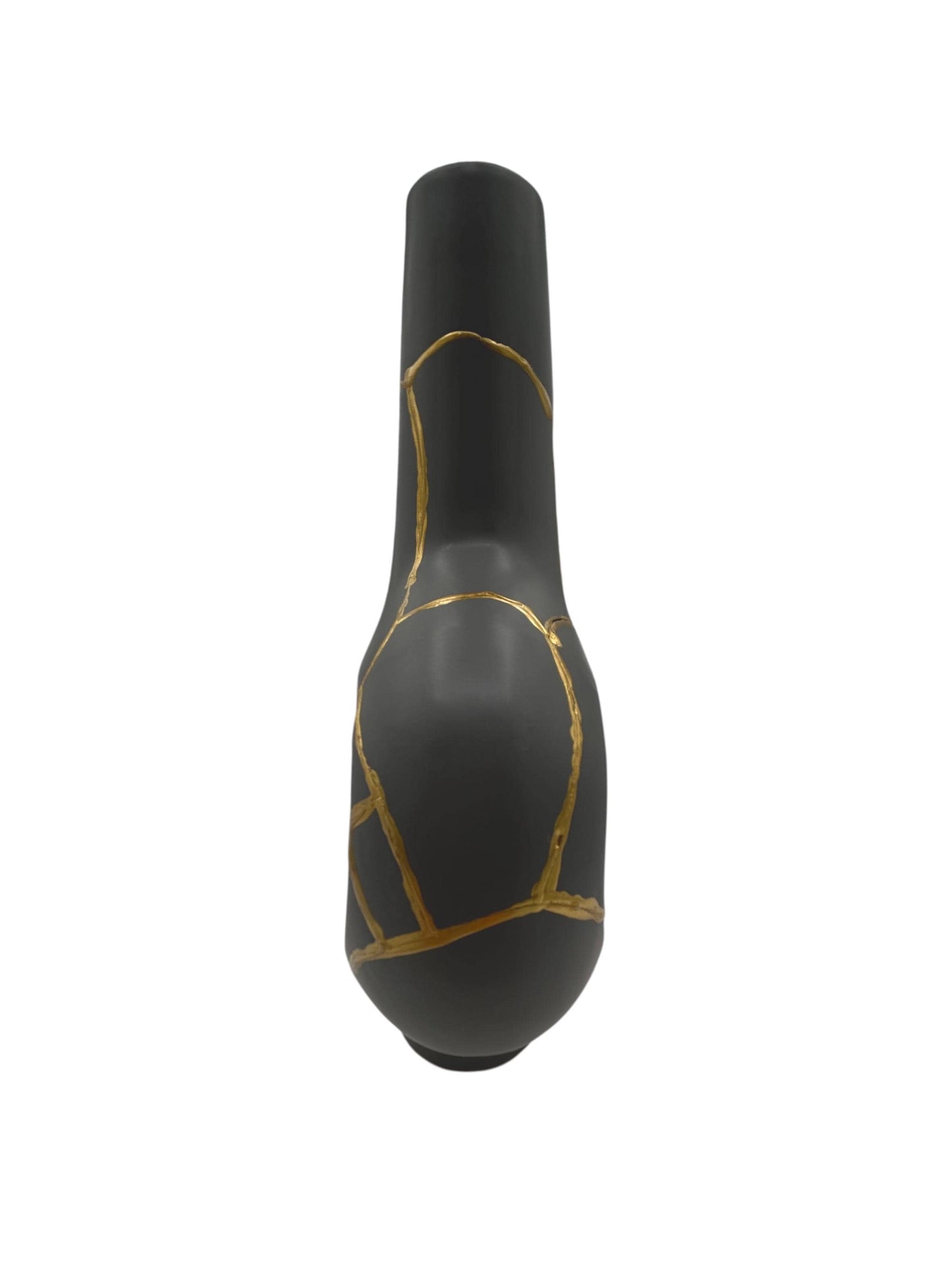 Modern Kintsugi Batur Vase - Broken + Repaired Japanese Pottery - Hand Painted Gold - Japandi - Smooth Texture - Charcoal (H) 9.75in (W) 7in