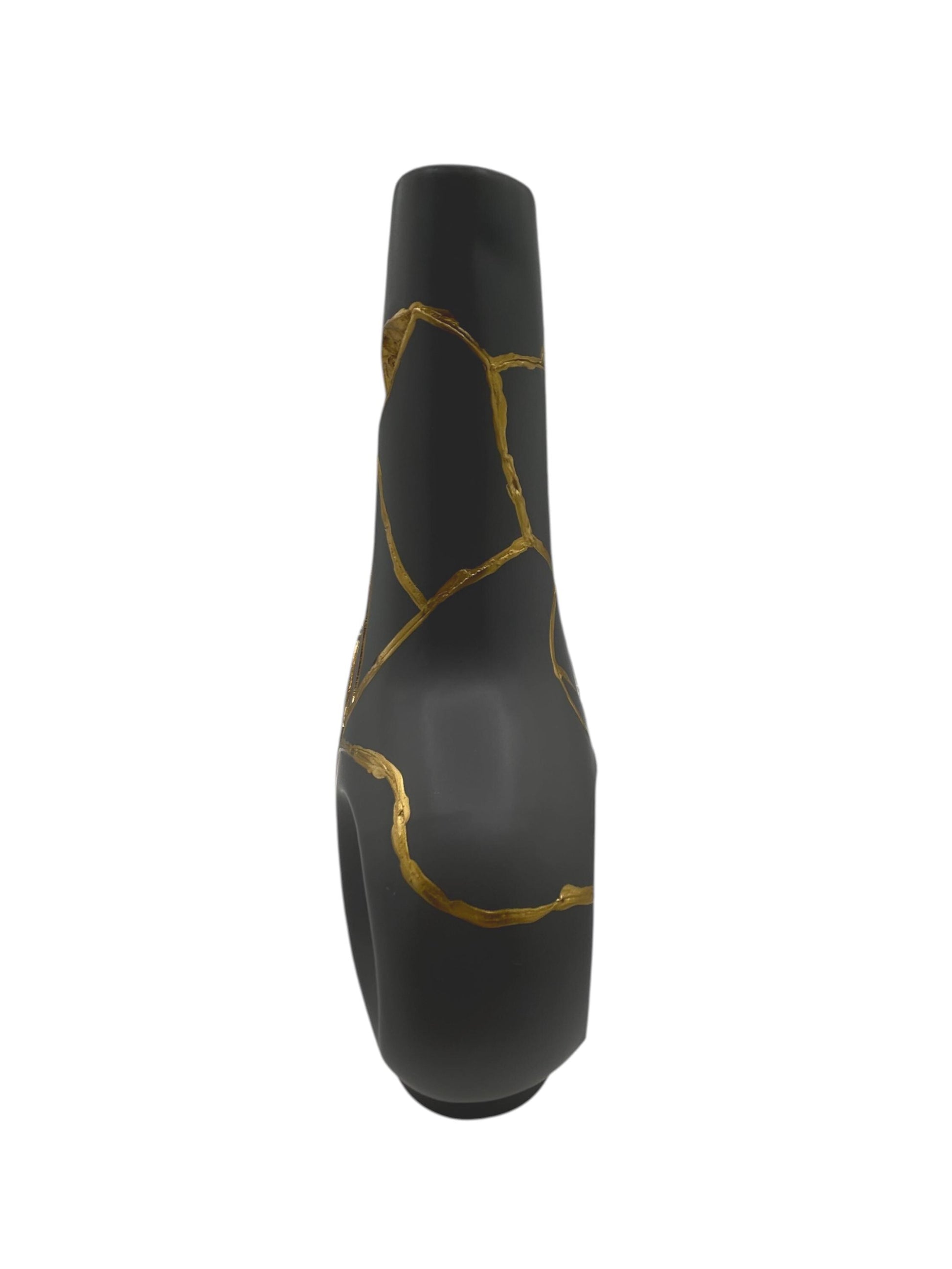 Modern Kintsugi Batur Vase - Broken + Repaired Japanese Pottery - Hand Painted Gold - Japandi - Smooth Texture - Charcoal (H) 9.75in (W) 7in
