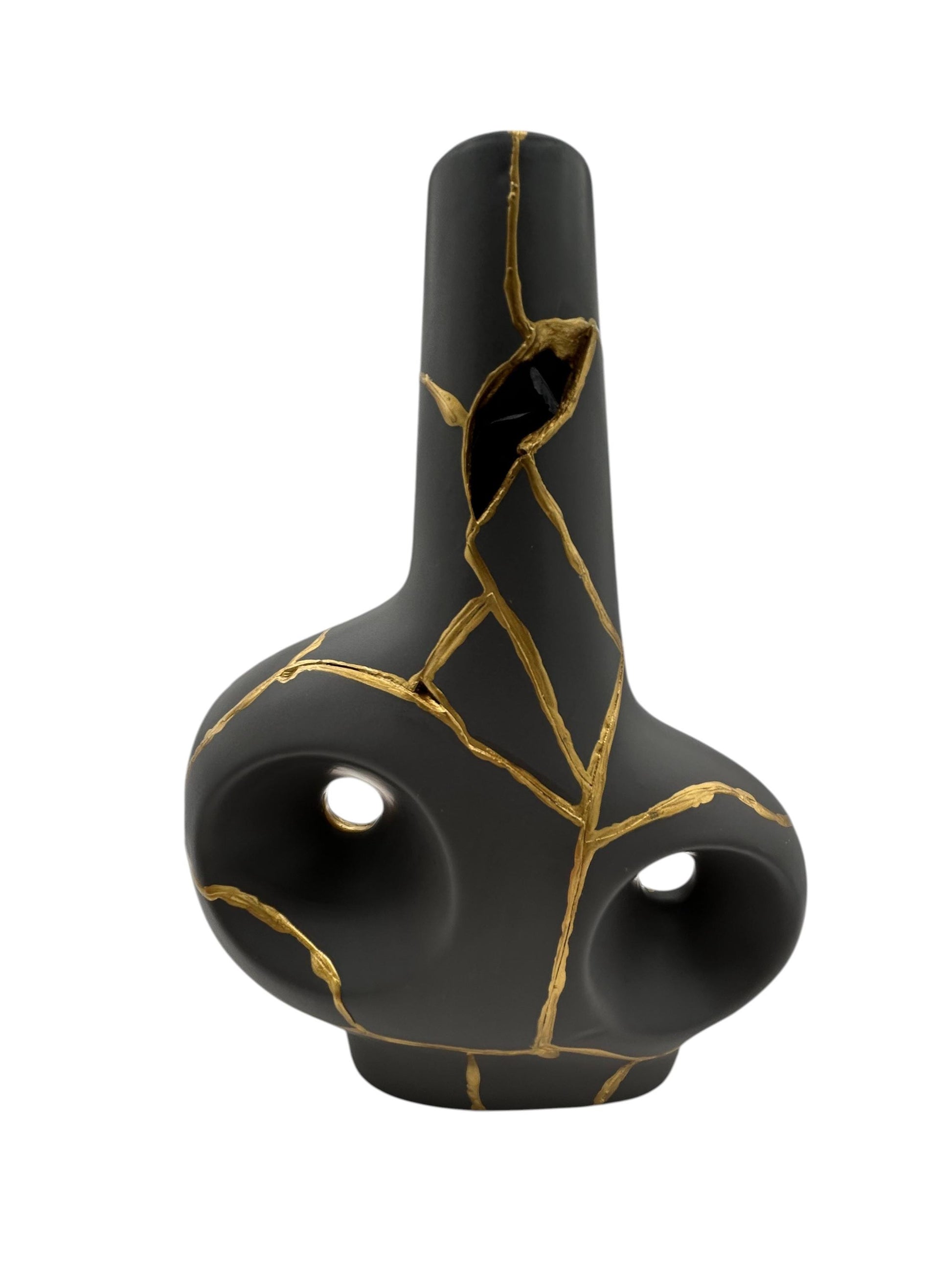 Modern Kintsugi Batur Vase - Broken + Repaired Japanese Pottery - Hand Painted Gold - Japandi - Smooth Texture - Charcoal (H) 9.75in (W) 7in