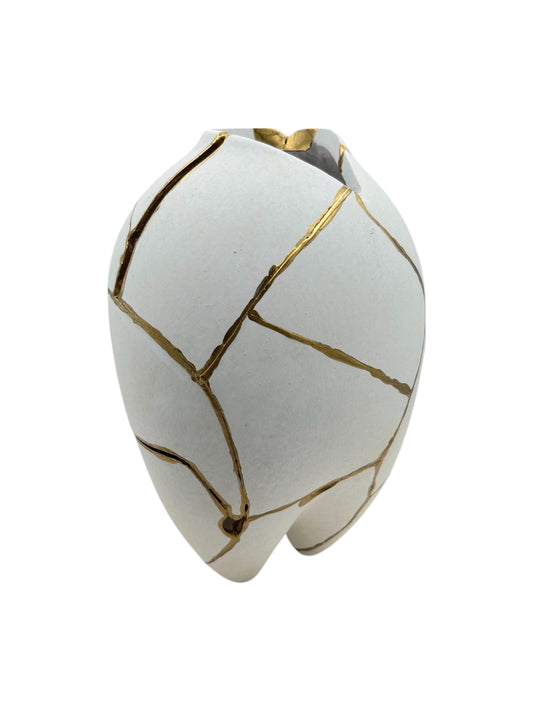 Modern Kintsugi Sumo Tall Vase - Japandi - Broken + Repaired Japanese Pottery - Hand Painted Gold - Smooth Texture - White (H) 9in (W) 5.5in