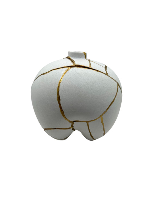 Modern Kintsugi Sumo Short Vase - Japandi - Broken + Repaired Japanese Pottery - Hand Painted Gold - Smooth - White (H) 6.3in (W) 5.7in