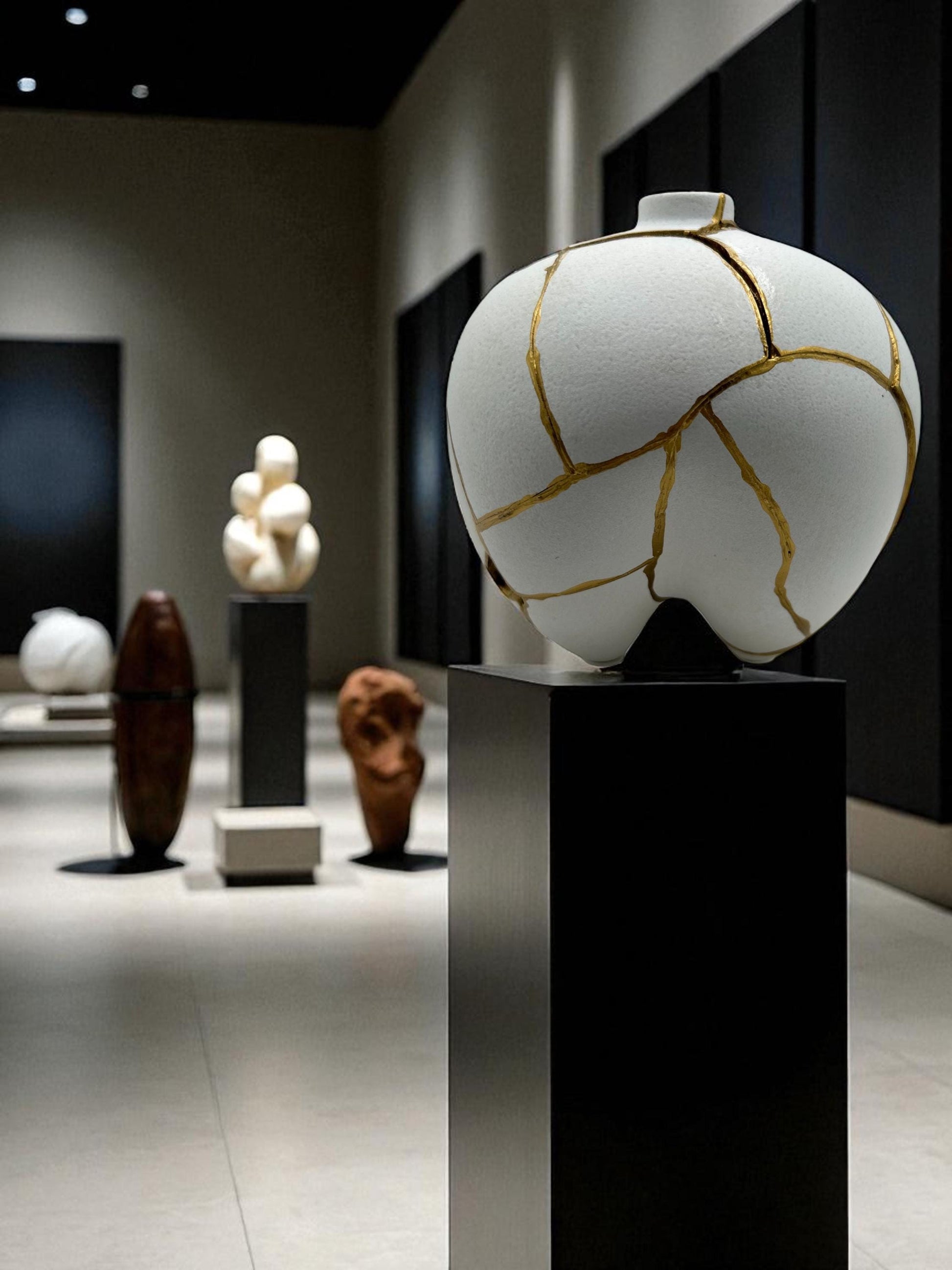 Modern Kintsugi Sumo Short Vase - Japandi - Broken + Repaired Japanese Pottery - Hand Painted Gold - Smooth - White (H) 6.3in (W) 5.7in
