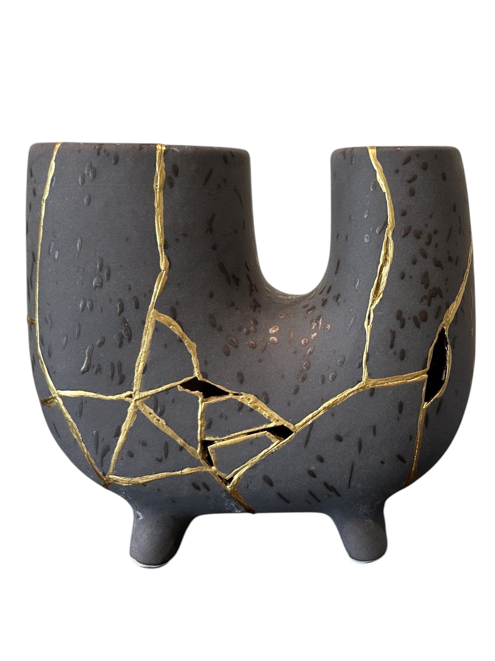 Modern Kintsugi Haiiro Vase - Japandi - Broken + Repaired Japanese Pottery - Hand Painted Gold - Rough Texture - Charcoal (H) 8in (W) 8.75in