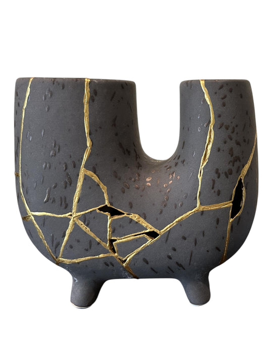 Modern Kintsugi Haiiro Vase - Japandi - Broken + Repaired Japanese Pottery - Hand Painted Gold - Rough Texture - Charcoal (H) 8in (W) 8.75in