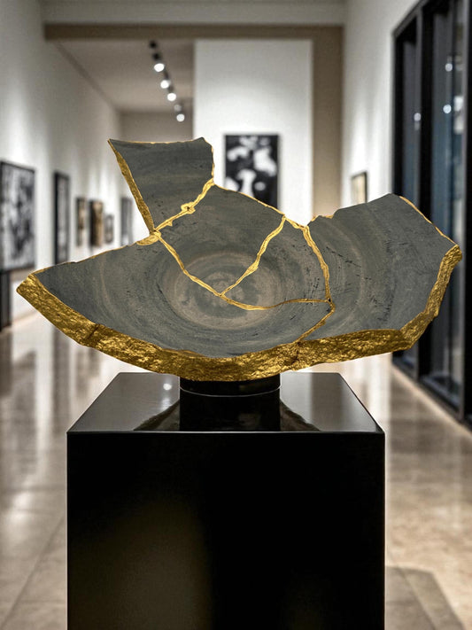Modern Kintsugi Raw Edge Bowl - Wabi Sabi - Japandi - Broken + Repaired Japanese Pottery Art - Hand Painted Gold - Ceramic (D) 12in (H) 4in