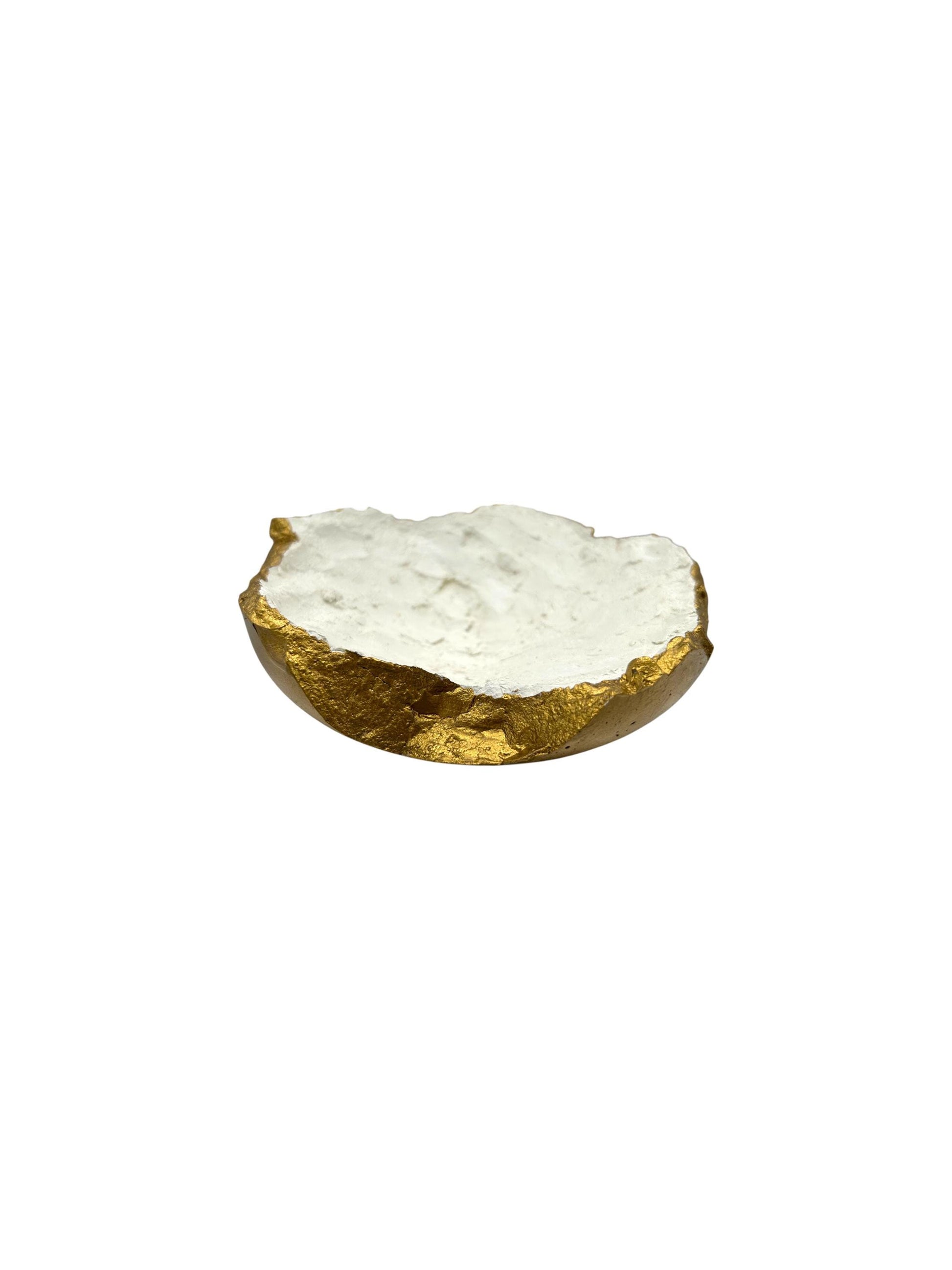 White Cement Bowl - Hand Formed/Painted Gold - Wabi Sabi - Japandi - Decorative/Jewelry/Entrance - Raw Edges - (W) 6in (H) 2in