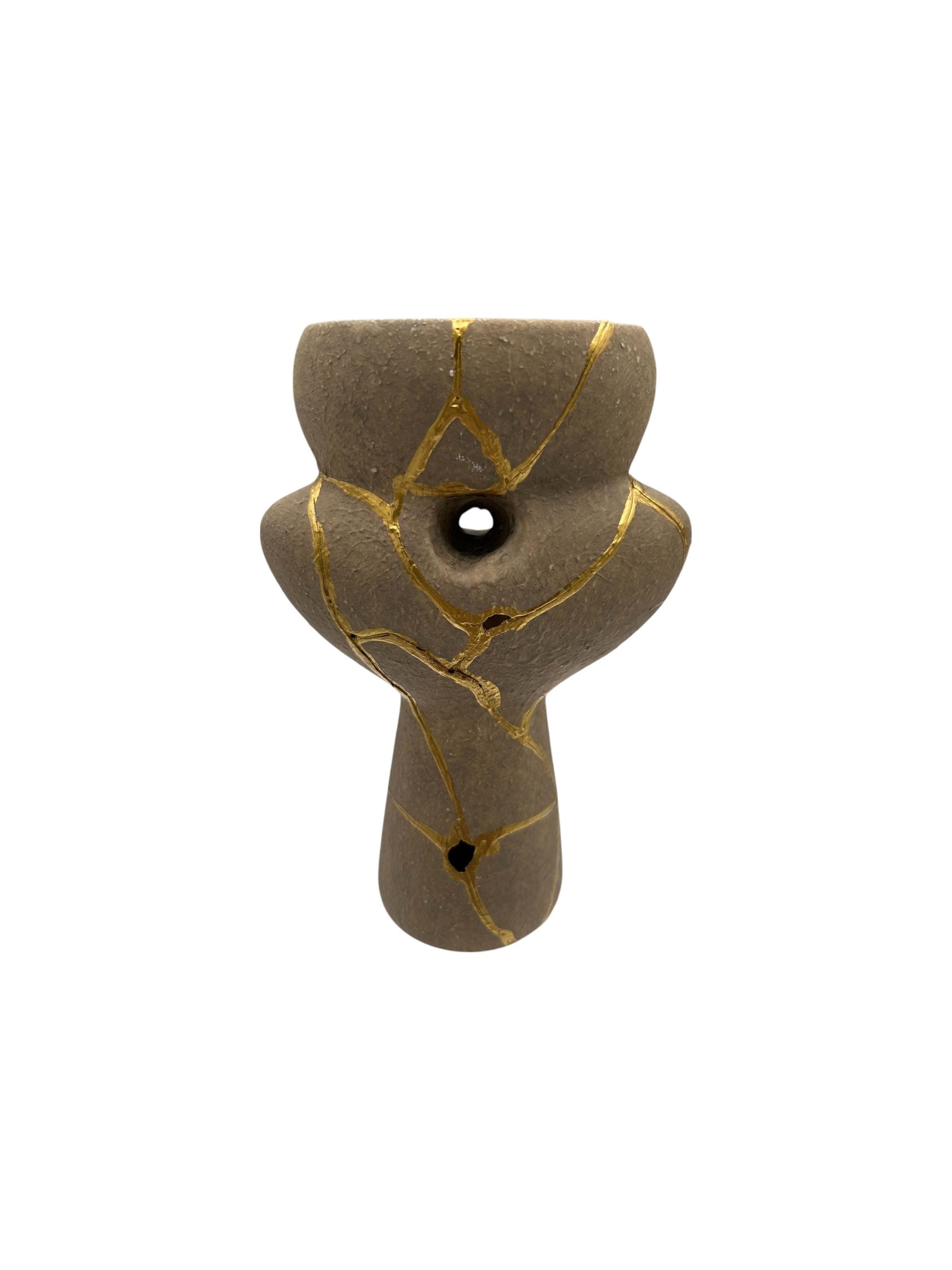 Modern Kintsugi Native Vase - Broken + Repaired Japanese Pottery - Hand Painted Gold Detail - Japandi - Rough Texture (H) 6.75in (W) 4.5in