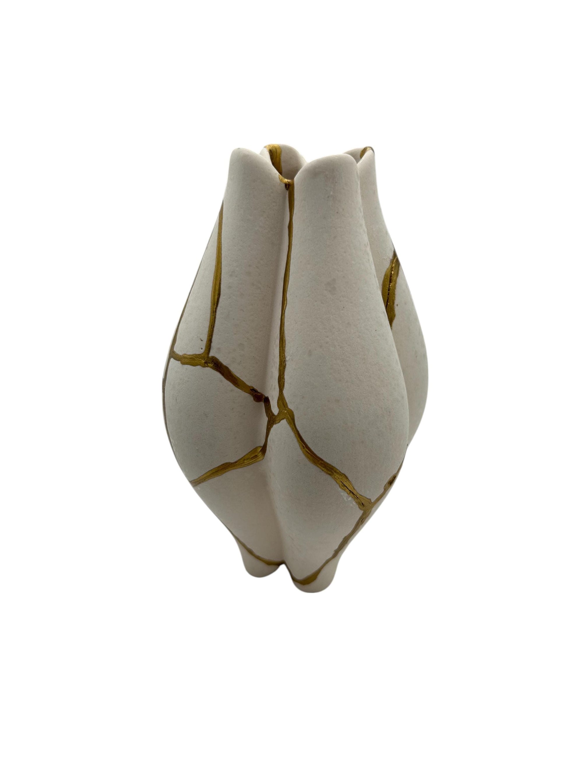 Modern Kintsugi Pond Vase - Broken + Repaired Japanese Pottery - Hand Painted Gold - Japandi - Rough Texture - Ivory (H) 6.5in (W) 3.75in