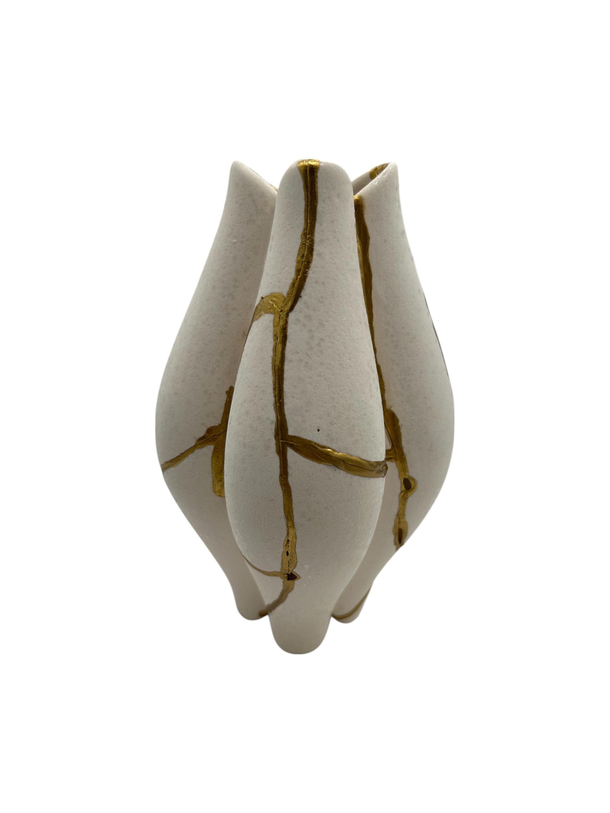 Modern Kintsugi Pond Vase - Broken + Repaired Japanese Pottery - Hand Painted Gold - Japandi - Rough Texture - Ivory (H) 6.5in (W) 3.75in