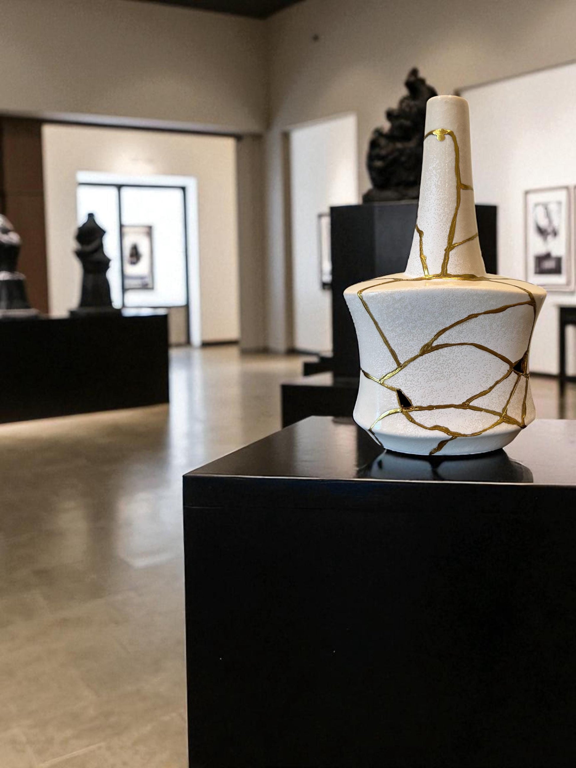 Modern Kintsugi Avag Vase - Broken + Repaired Japanese Pottery - Hand Painted Gold - Japandi - Smooth Texture - Ivory (H) 9.75in (W) 5.5in