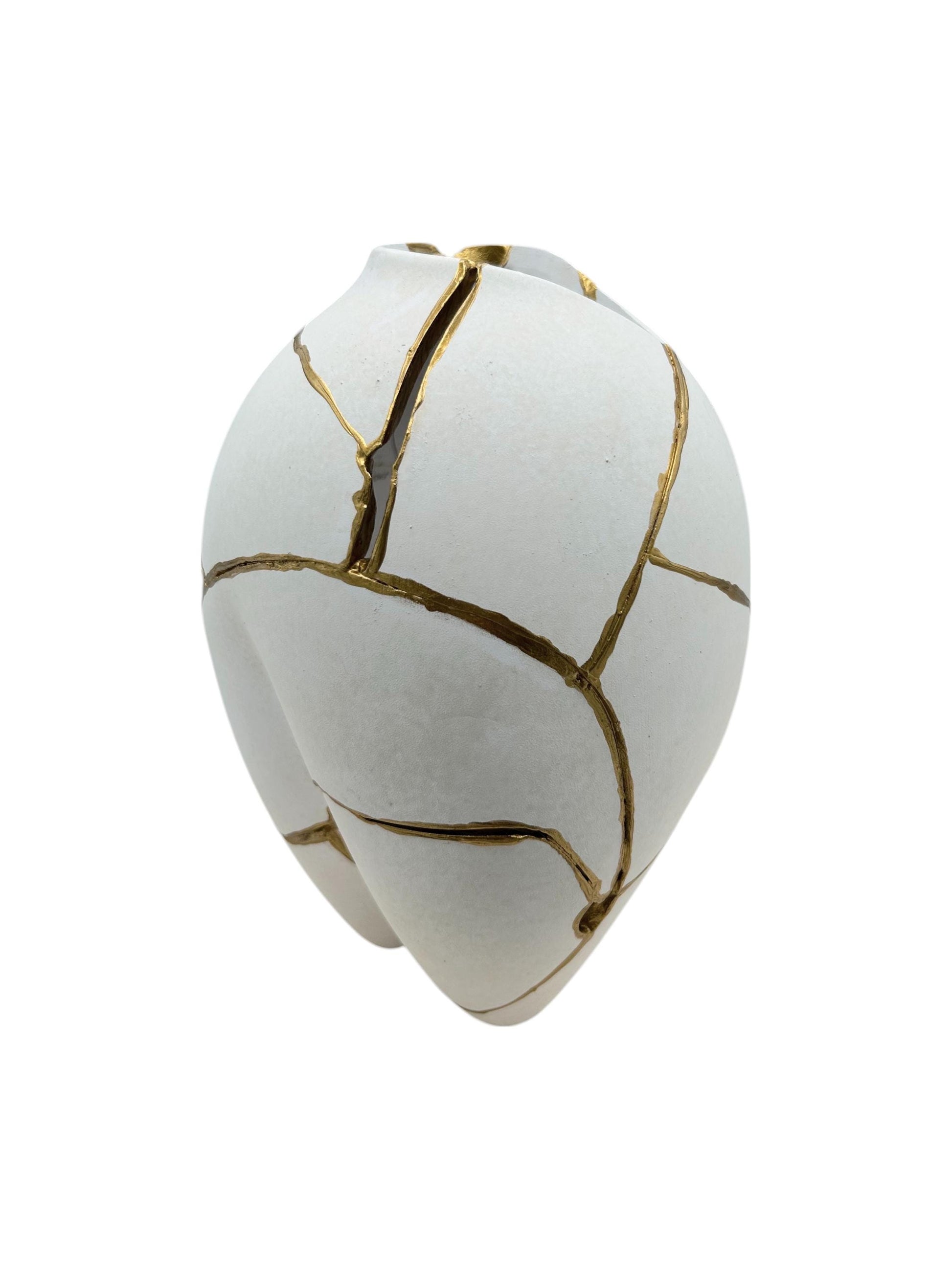 Modern Kintsugi Sumo Tall Vase - Japandi - Broken + Repaired Japanese Pottery - Hand Painted Gold - Smooth Texture - White (H) 9in (W) 5.5in