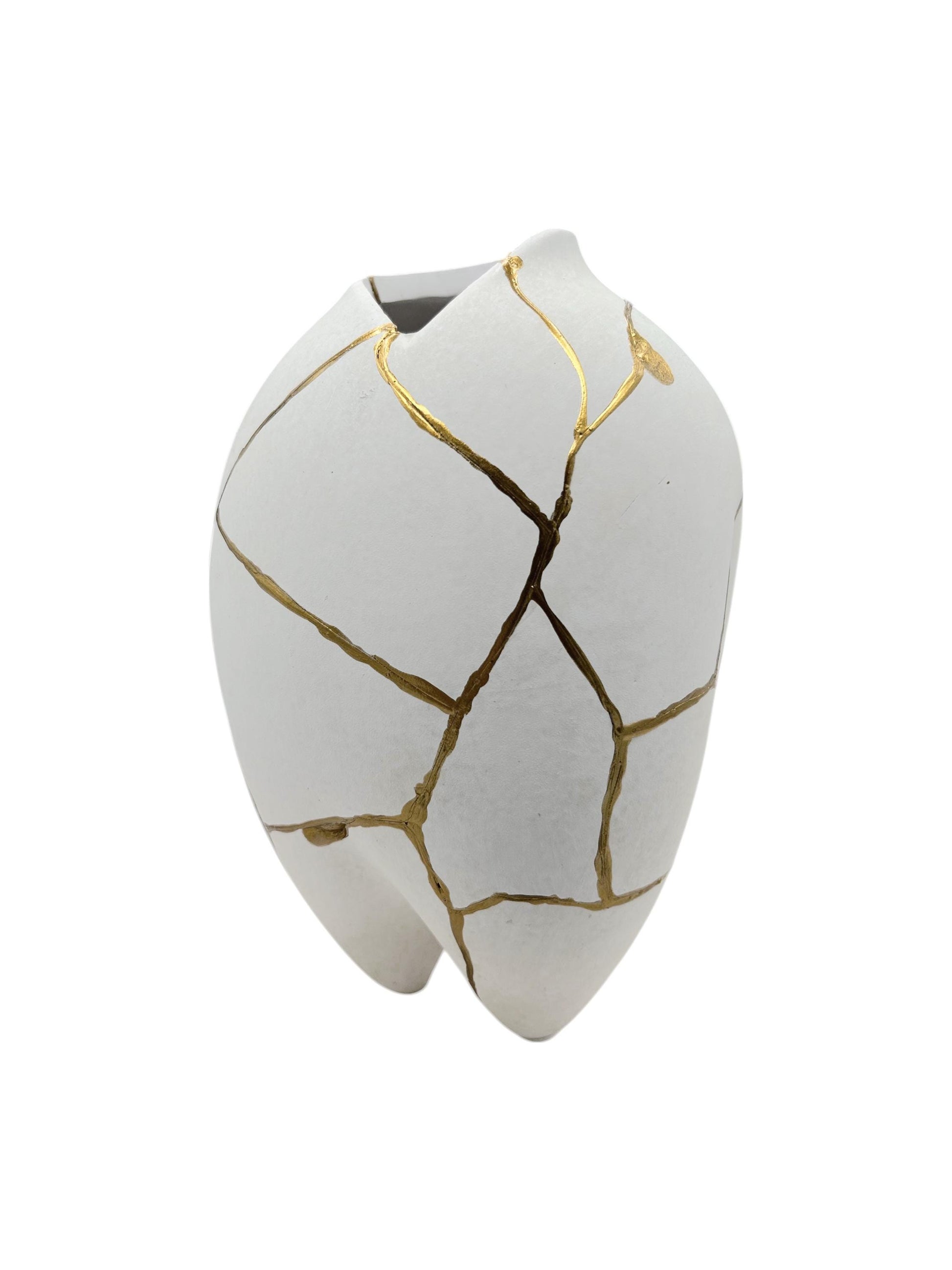 Modern Kintsugi Sumo Tall Vase - Japandi - Broken + Repaired Japanese Pottery - Hand Painted Gold - Smooth Texture - White (H) 9in (W) 5.5in