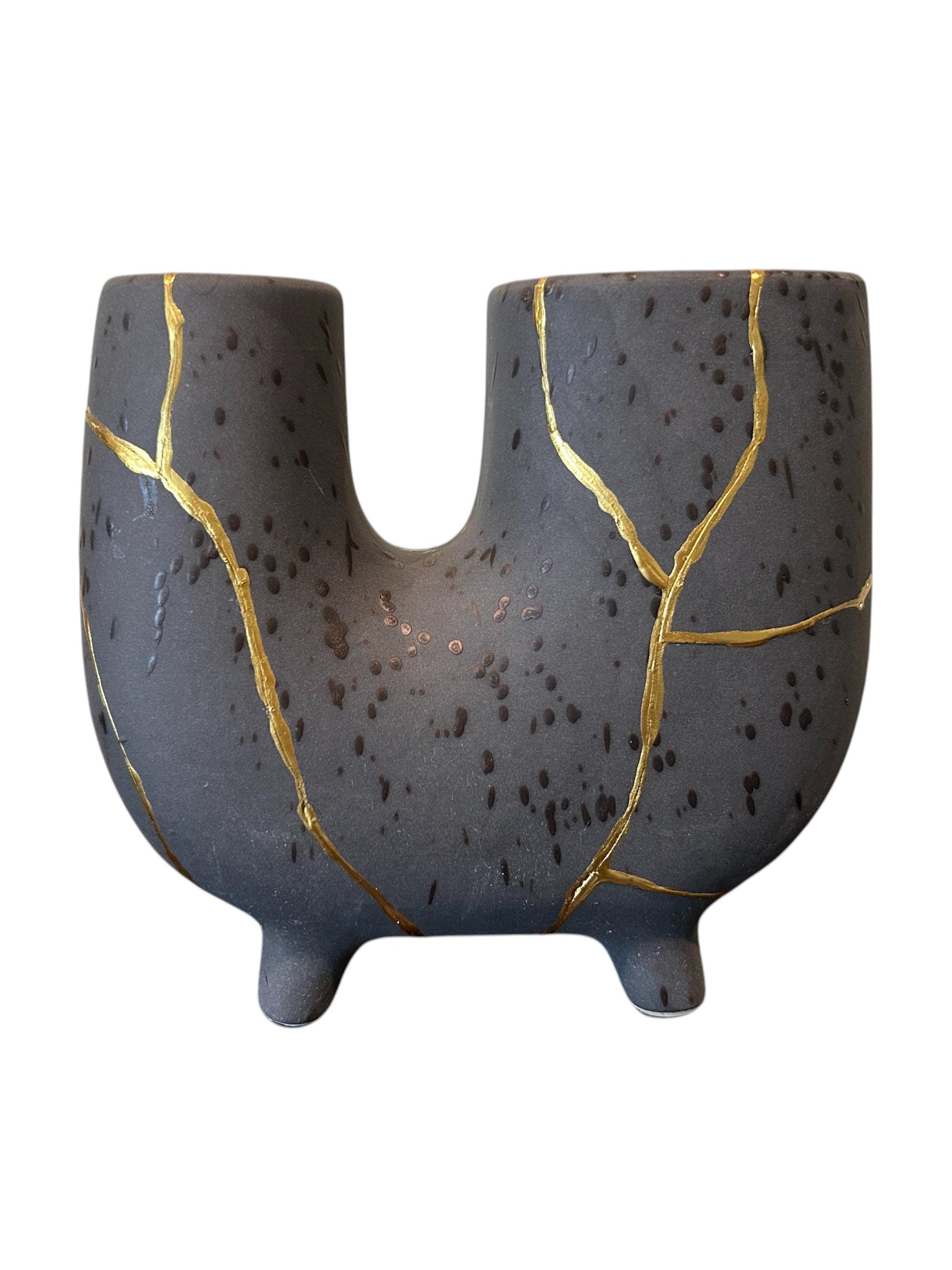 Modern Kintsugi Haiiro Vase - Japandi - Broken + Repaired Japanese Pottery - Hand Painted Gold - Rough Texture - Charcoal (H) 8in (W) 8.75in