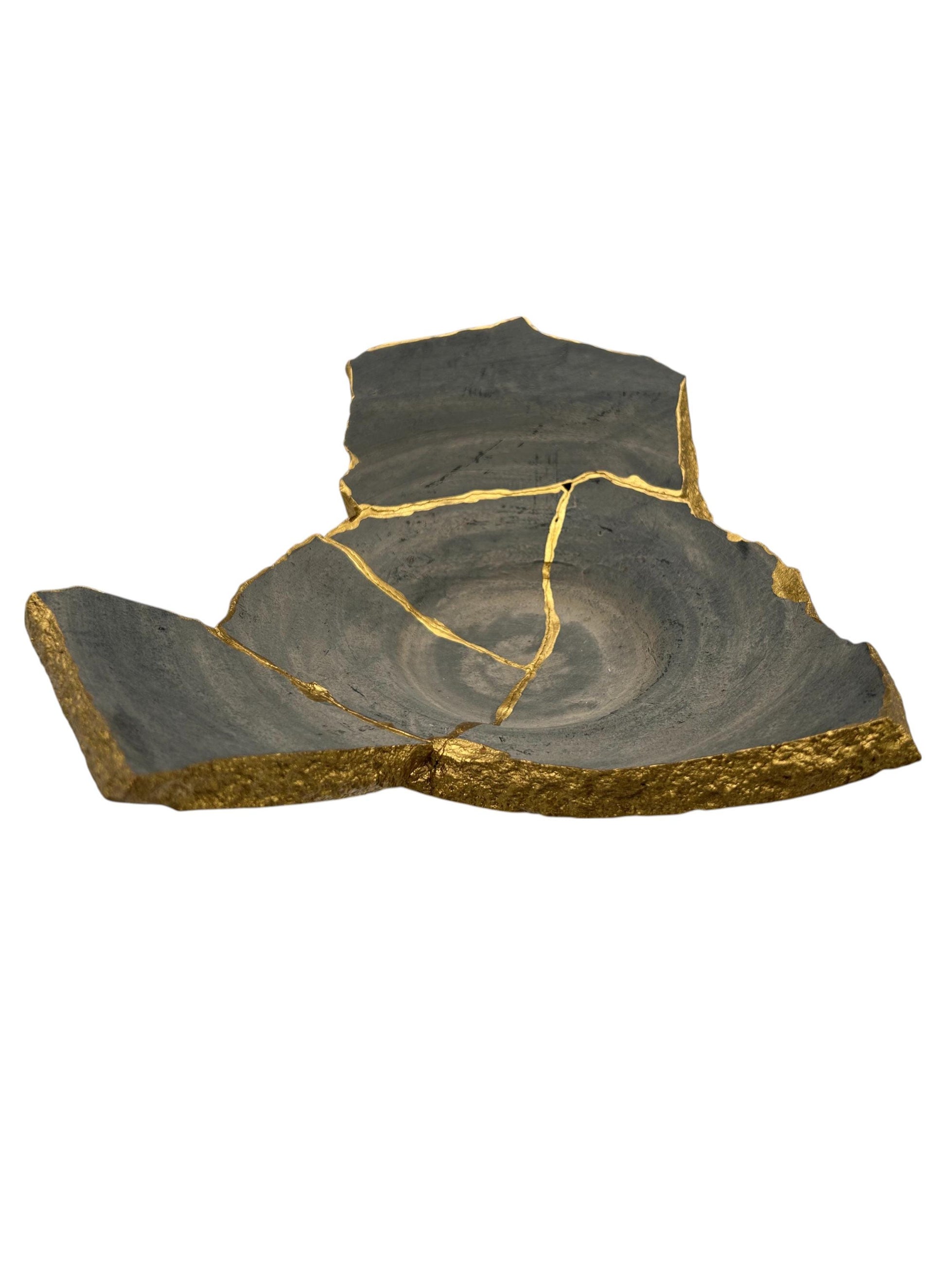 Modern Kintsugi Raw Edge Bowl - Wabi Sabi - Japandi - Broken + Repaired Japanese Pottery Art - Hand Painted Gold - Ceramic (D) 12in (H) 4in