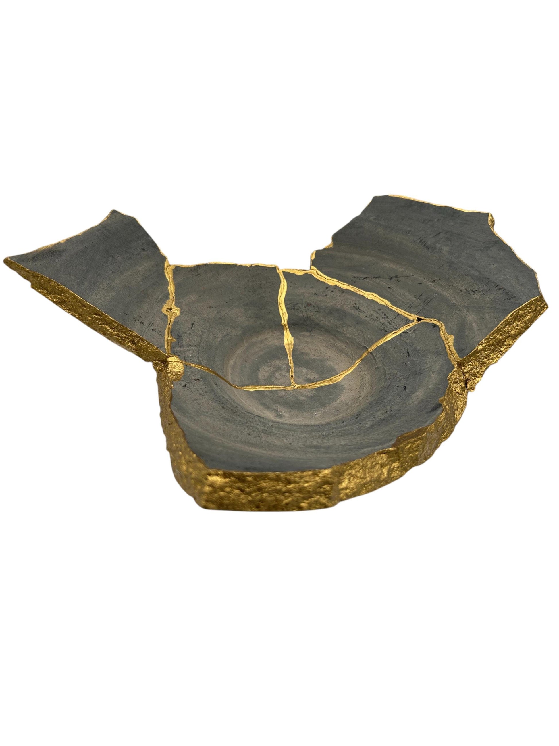 Modern Kintsugi Raw Edge Bowl - Wabi Sabi - Japandi - Broken + Repaired Japanese Pottery Art - Hand Painted Gold - Ceramic (D) 12in (H) 4in