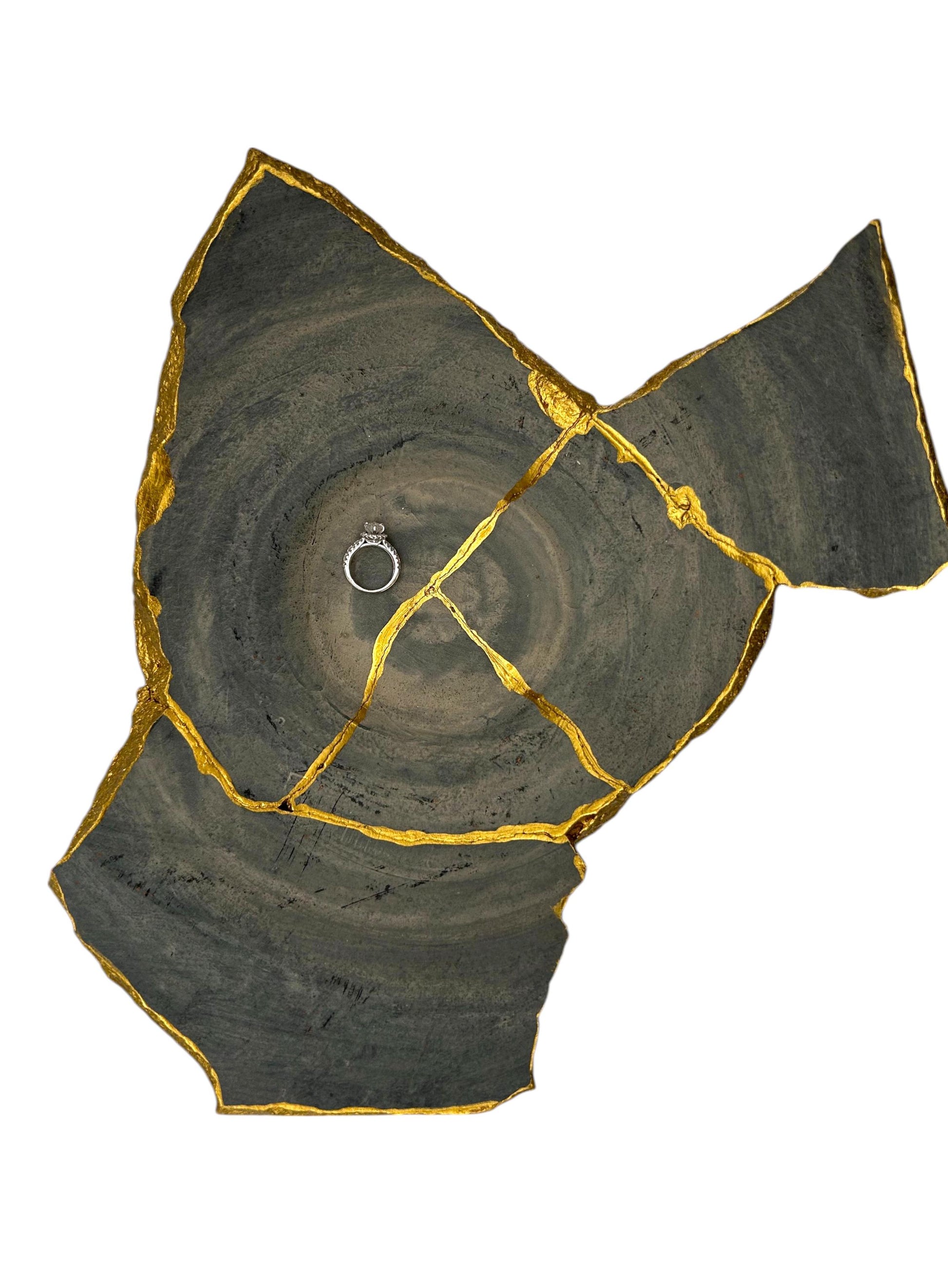 Modern Kintsugi Raw Edge Bowl - Wabi Sabi - Japandi - Broken + Repaired Japanese Pottery Art - Hand Painted Gold - Ceramic (D) 12in (H) 4in