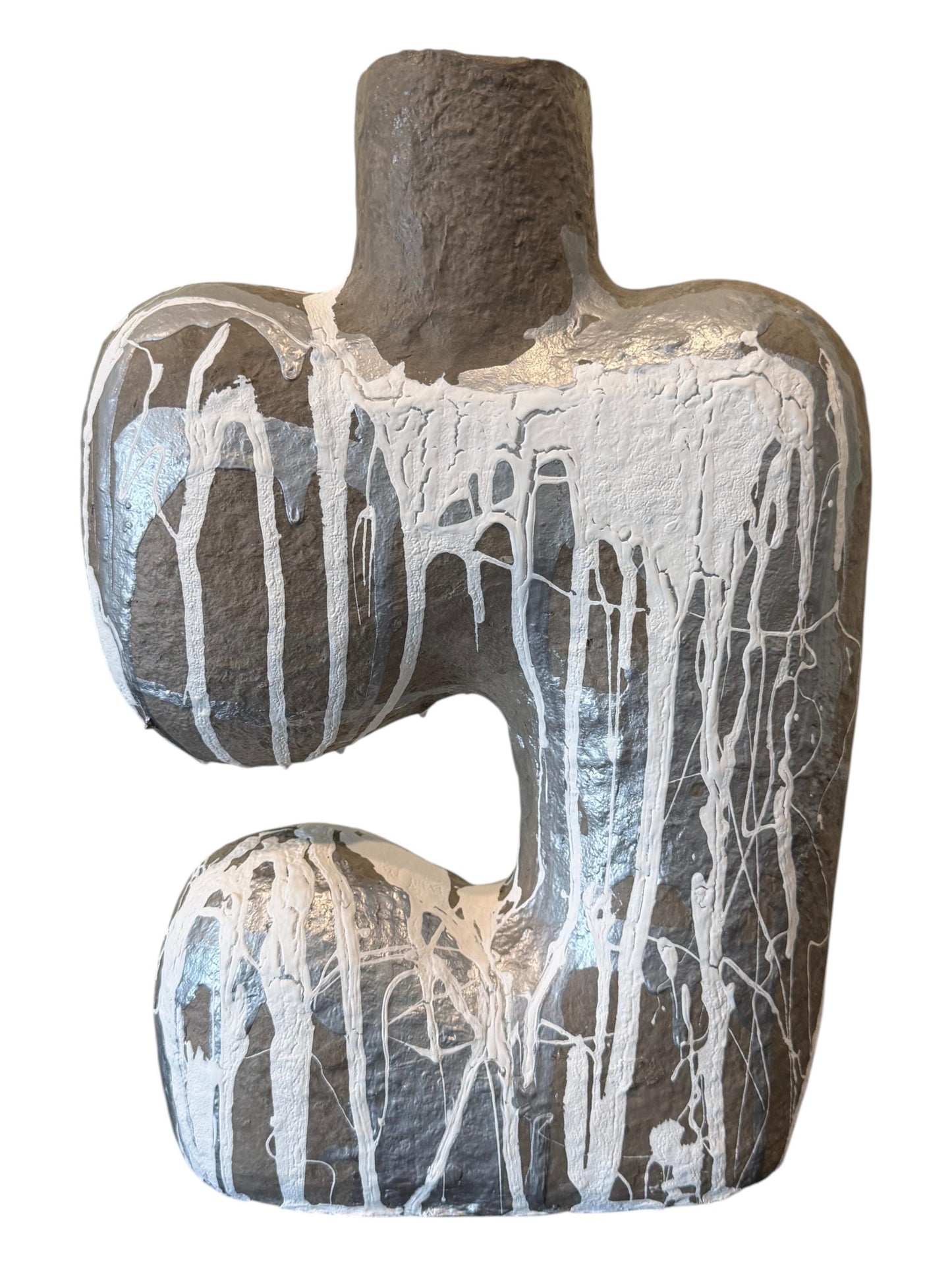 Paper Mache Splatter Paint Vase - Abstract, Gray - H 14in W 9in