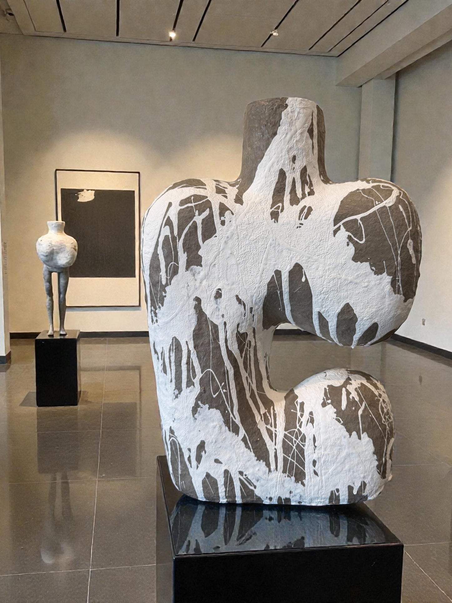 Paper Mache Splatter Paint Vase - Abstract, Gray - H 14in W 9in
