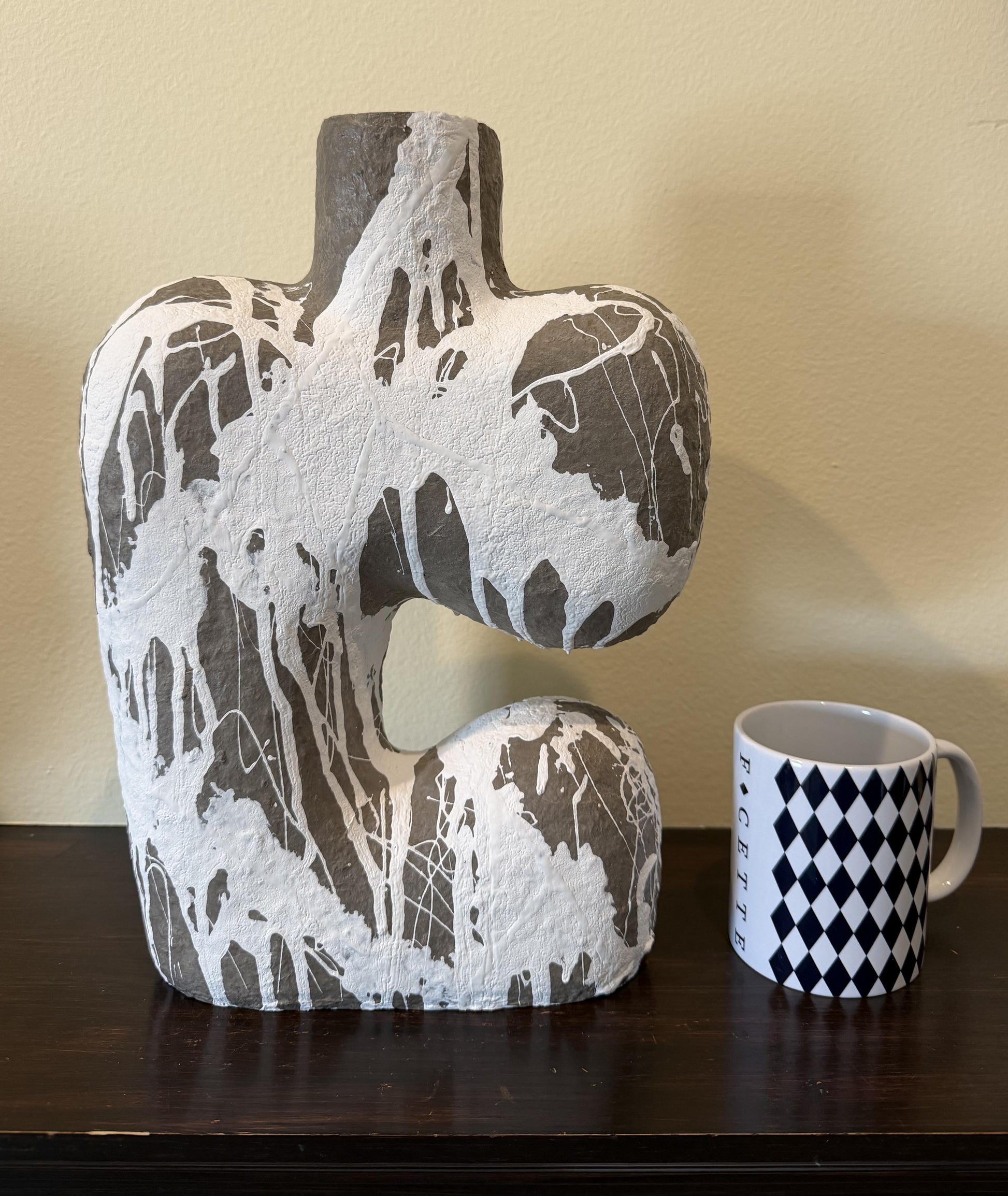 Paper Mache Splatter Paint Vase - Abstract, Gray - H 14in W 9in