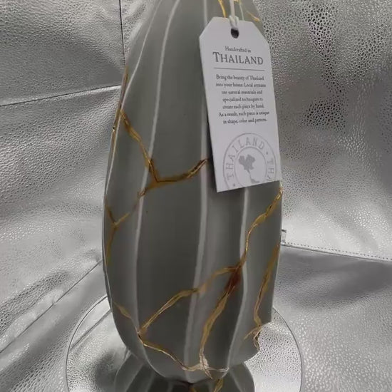 Modern Kintsugi Melon Vase - Fruit/Botanic - Broken + Repaired Japanese Pottery - Hand Painted Gold - Made in Thailand Line (H) 12in (W) 5in