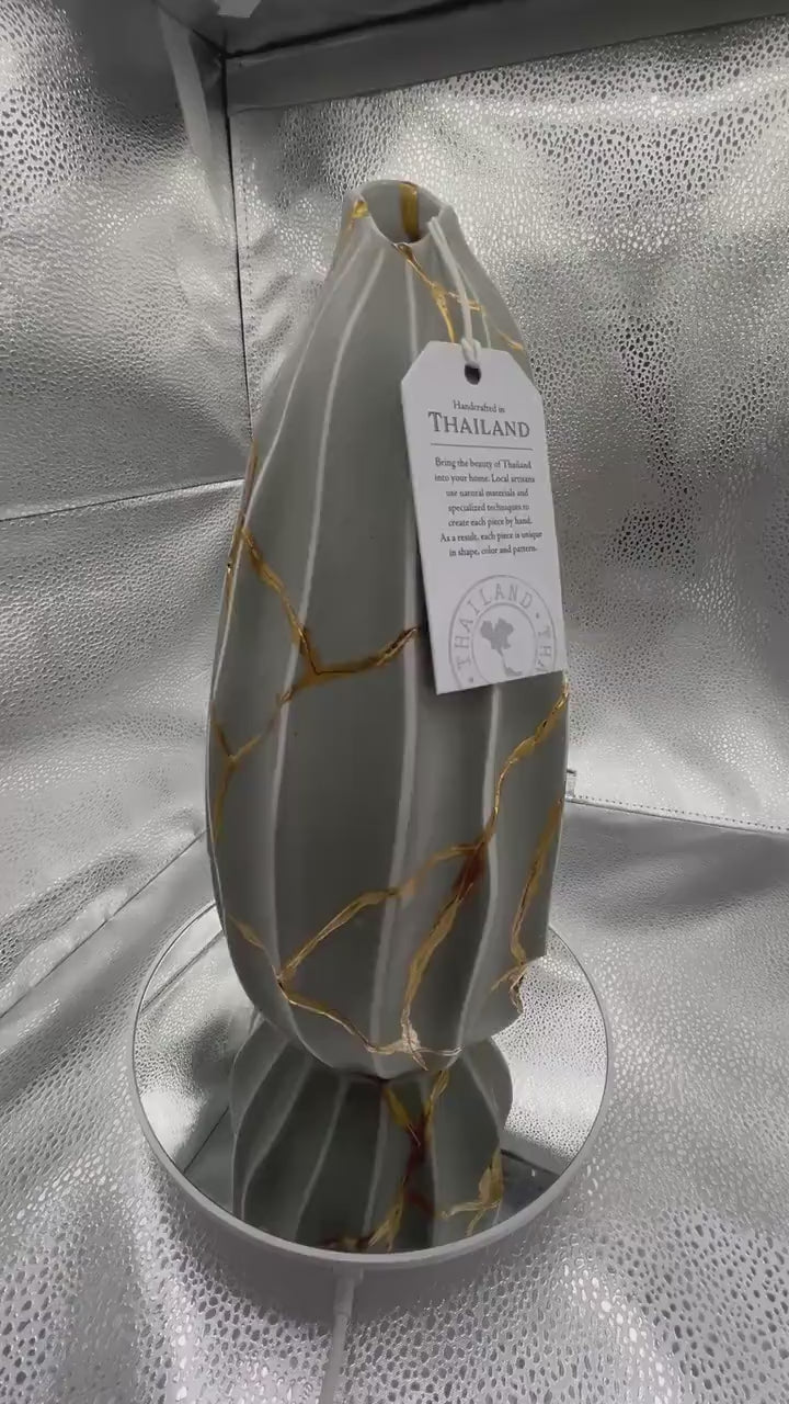 Modern Kintsugi Melon Vase - Fruit/Botanic - Broken + Repaired Japanese Pottery - Hand Painted Gold - Made in Thailand Line (H) 12in (W) 5in