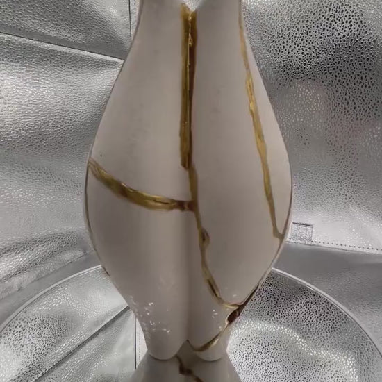 Modern Kintsugi Pond Vase - Broken + Repaired Japanese Pottery - Hand Painted Gold - Japandi - Rough Texture - Ivory (H) 6.5in (W) 3.75in
